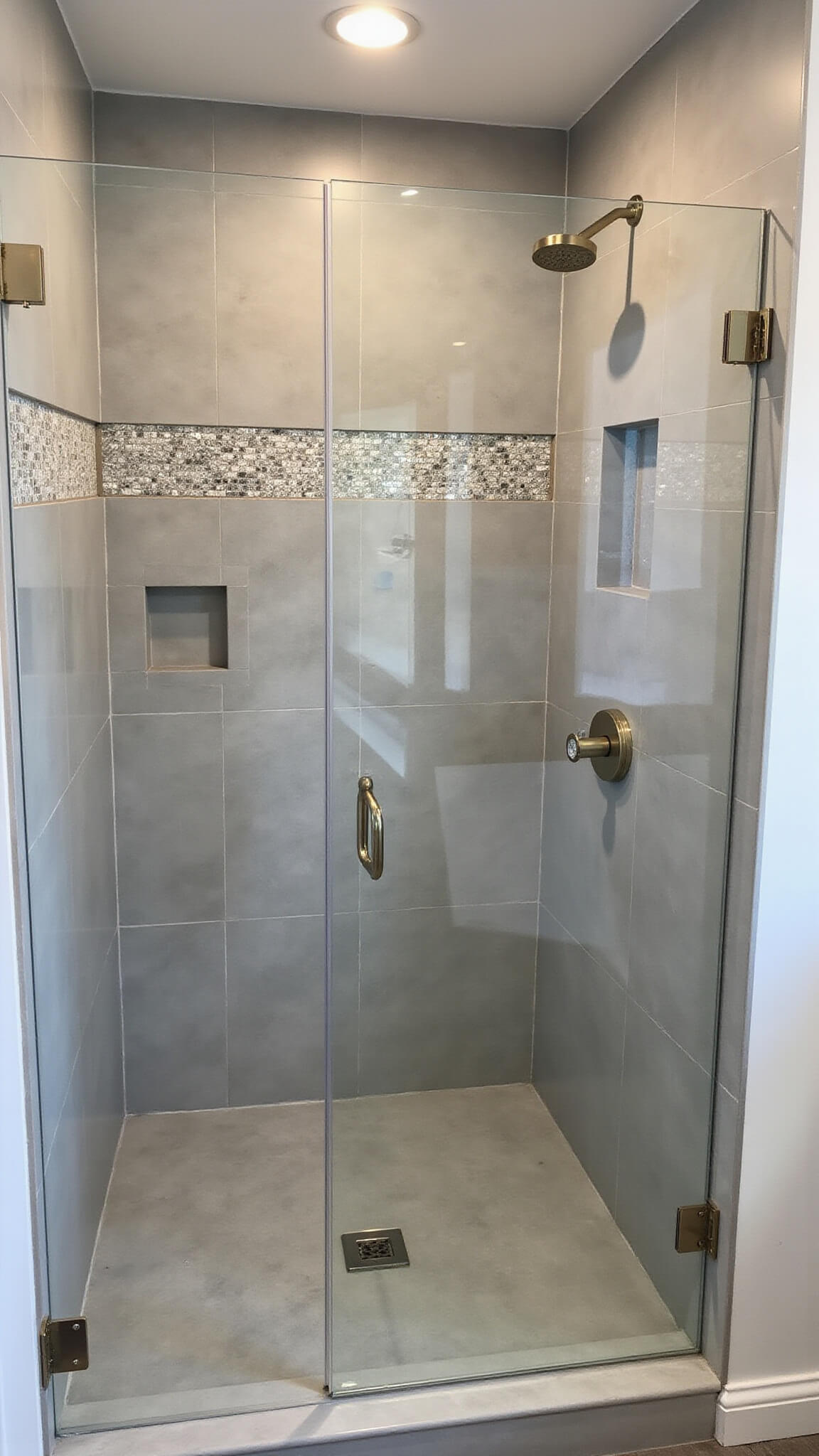 Contemporary curbless 5x6ft shower with large light gray tiles, metallic mosaic accent, glass partition, brushed gold fixtures, and ambient LED lighting.