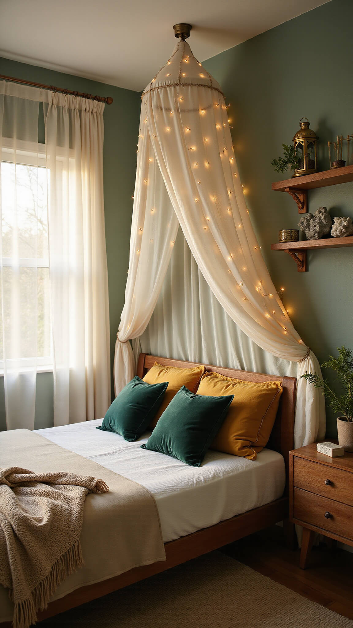 Cozy 14x16ft bedroom at golden hour with sheer curtains, sage green walls, queen bed under gauzy white canopy, velvet pillows, fairy lights, and vintage brass lanterns on floating shelves.