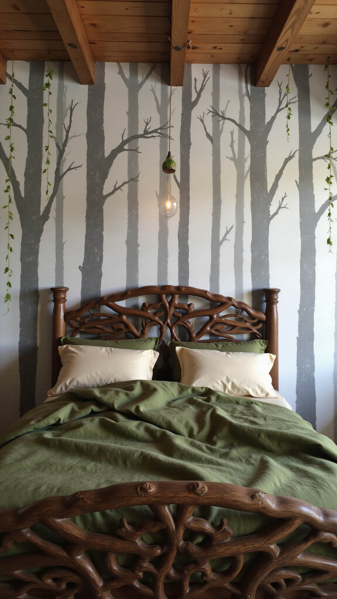 Woodland-themed bedroom with tree mural walls, rustic bed with branch details, hanging vines, and ambient candle lighting at dusk.