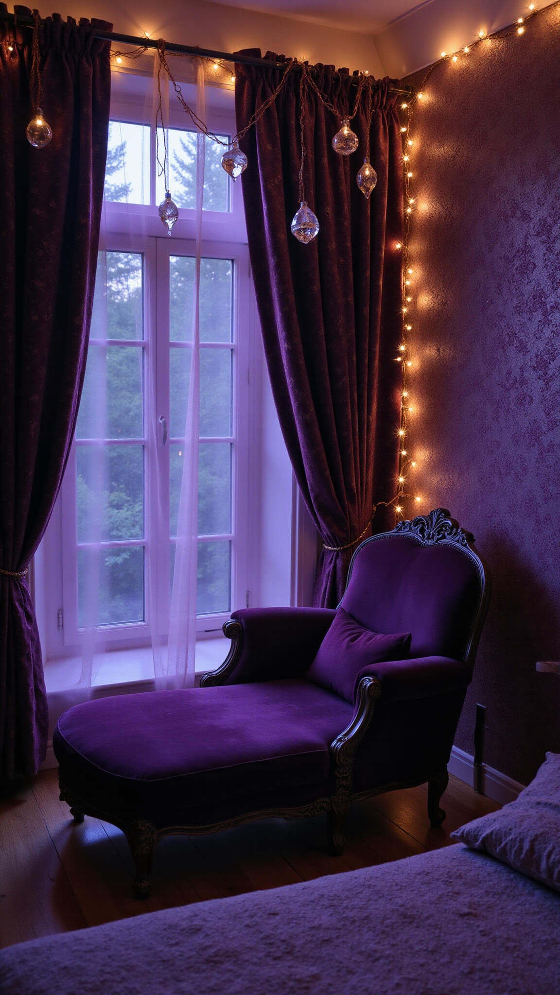 Mystical bedroom corner at midnight with moonlight through purple curtains, metallic constellation wallpaper, velvet Victorian chaise under fairy lights, and crystal prisms casting rainbow refractions.