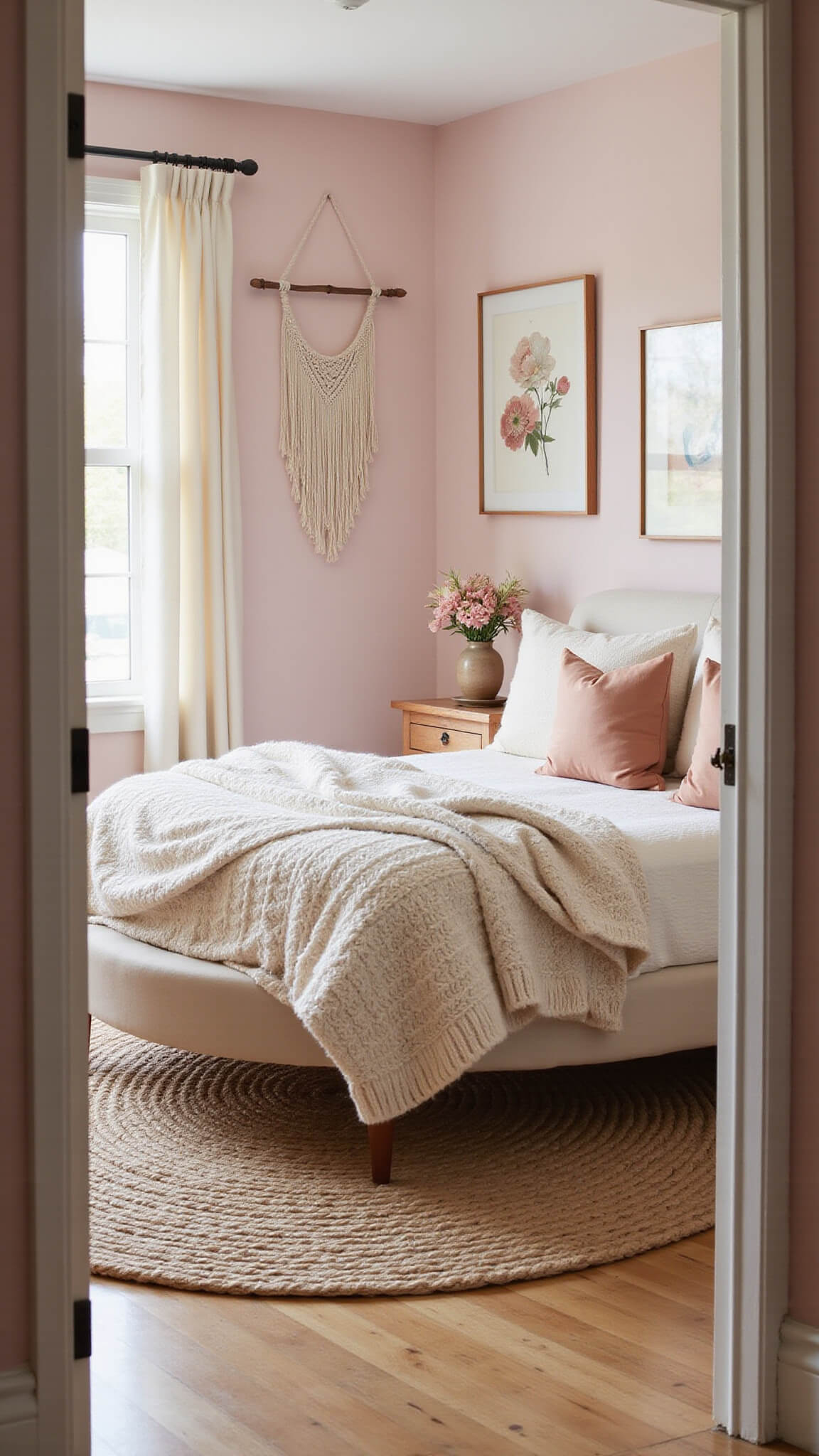 Cozy blush pink bedroom with round bed, layered knit blankets, macramé wall hangings, and pressed flower art, viewed from doorway in morning light.