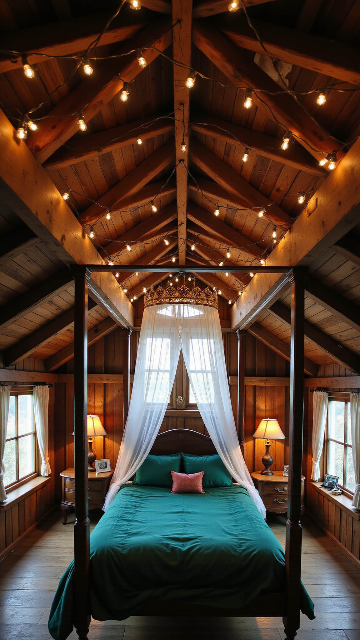 Overhead view of a 13x17ft enchanted attic bedroom with exposed wooden beams and string lights, emerald silk four-poster bed with flowing organza canopy, and vintage potion bottles on windowsills.