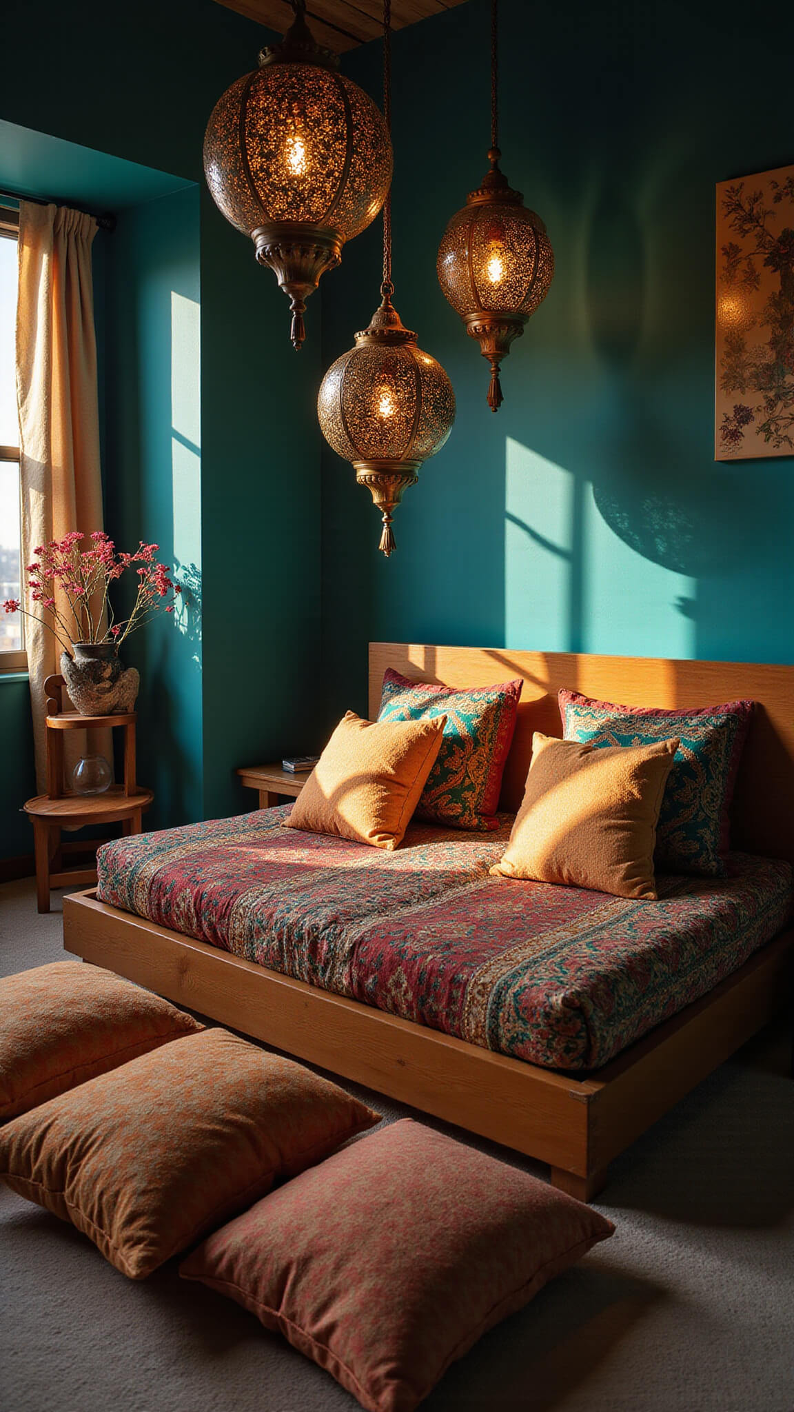 Bohemian sanctuary with Moroccan lanterns casting shadows on teal walls, platform bed with jewel-toned textiles, and gold velvet floor cushions at sunset.