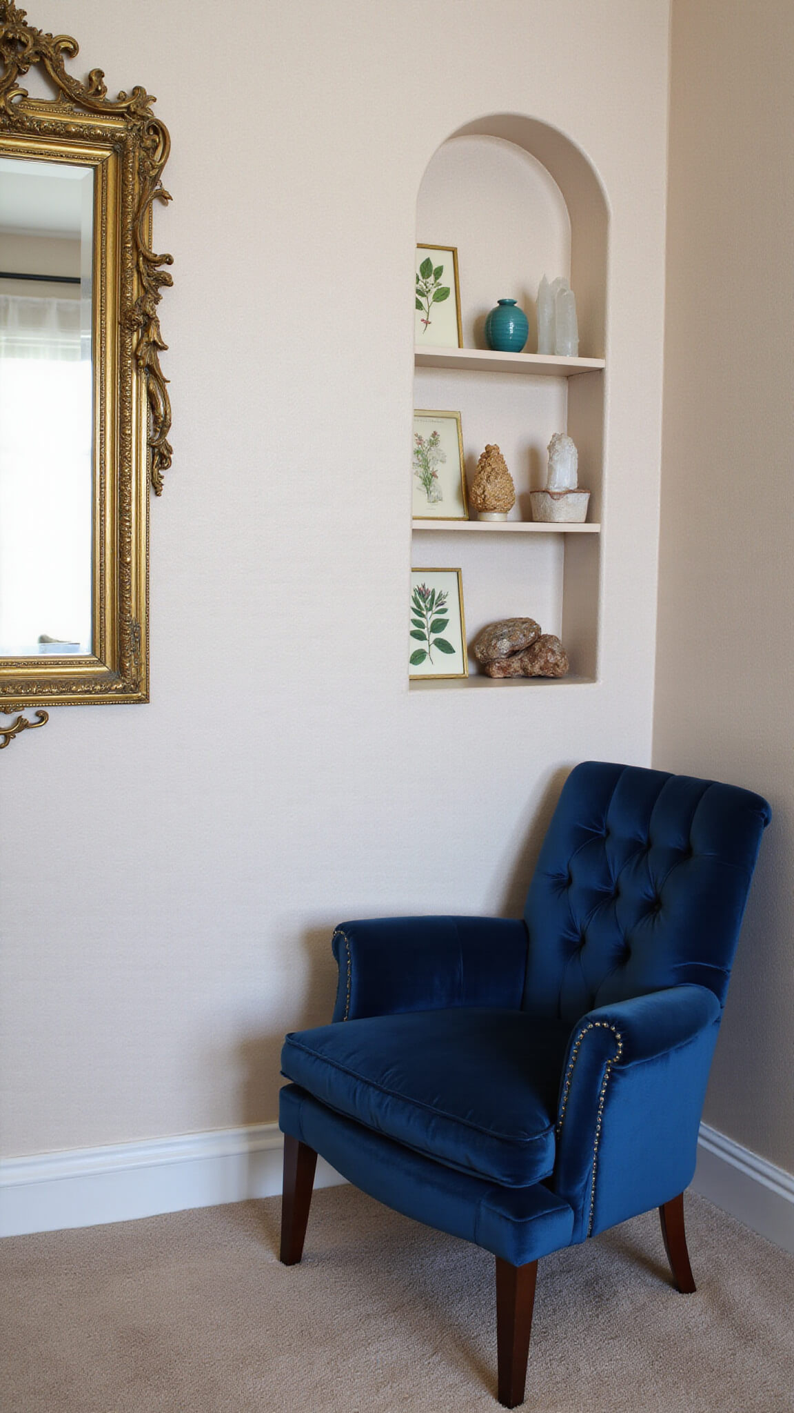 Macro shot of whimsical bedroom corner at dawn with antique brass mirror, pearl-textured wallpaper, midnight blue velvet armchair, and shelves displaying crystals and botanical prints.