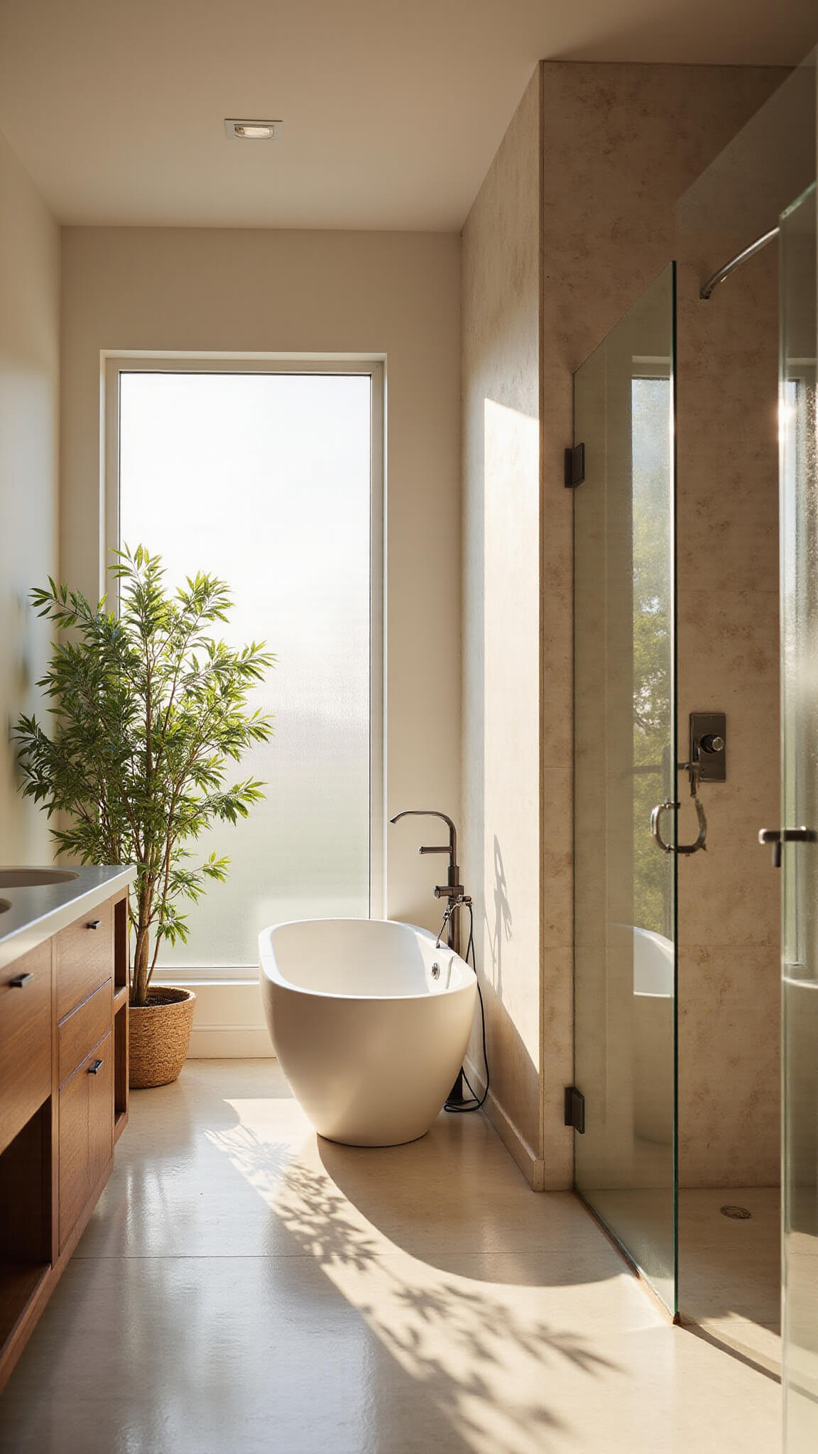 Photorealistic luxury spa-like master bathroom with freestanding tub, rainfall shower, floating double vanity, and warm golden hour lighting.
