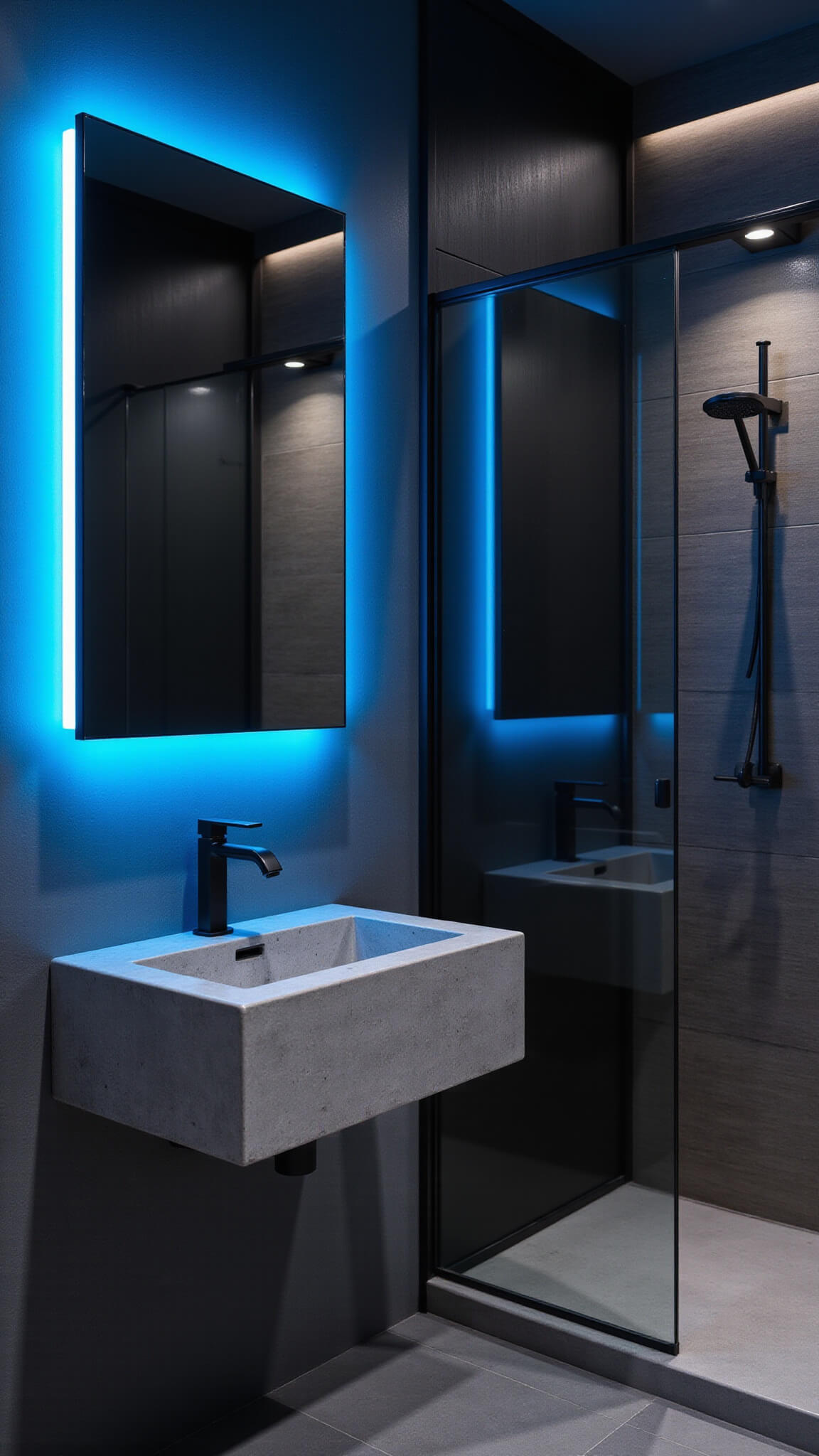 Modern tech-integrated bathroom with smart LED mirror, floating concrete vanity, matte black fixtures, and voice-activated shower system behind smoked glass, lit by blue-toned ambient lighting.