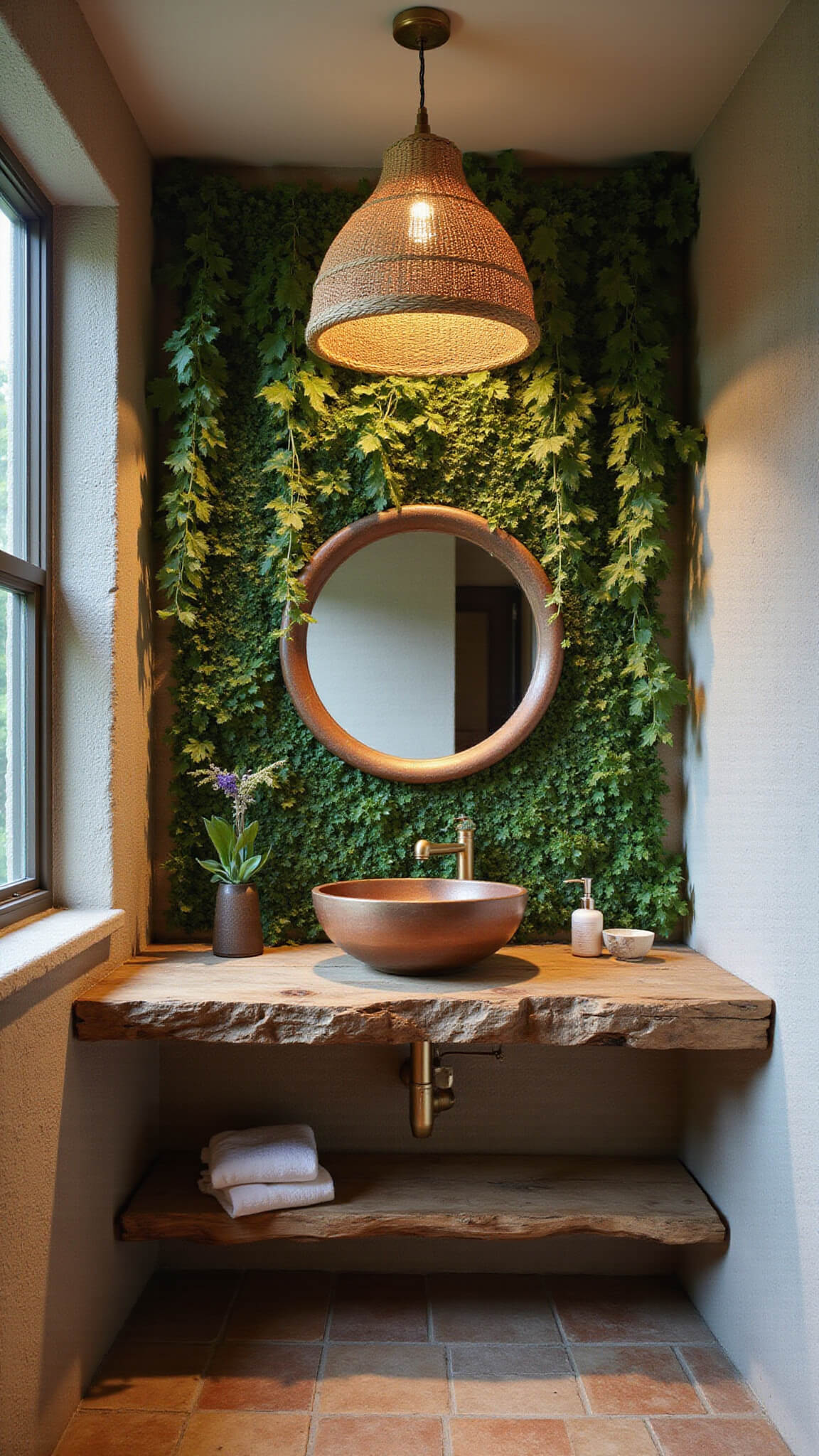 Photorealistic organic modern powder room with trailing plant living wall, round copper sink on raw wood slab counter, earth-tone ceramic tile floor, rattan pendant lamp, and brass-framed organic mirror.
