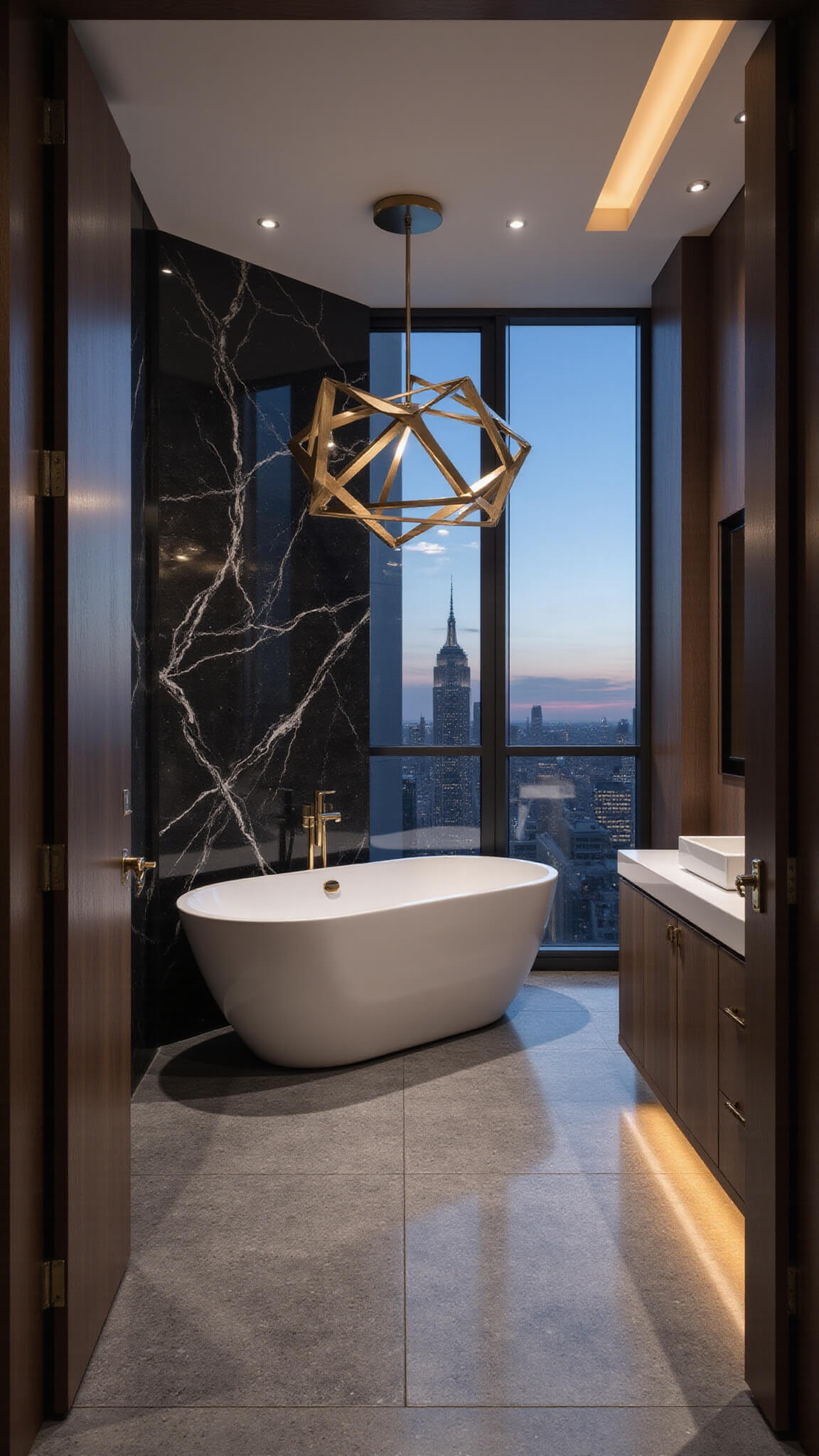 Photorealistic contemporary luxury bathroom with black marble feature wall, sculptural freestanding tub, geometric gold pendant, heated terrazzo floor, floor-to-ceiling windows showing city skyline, and floating dark oak vanity with integrated lighting.