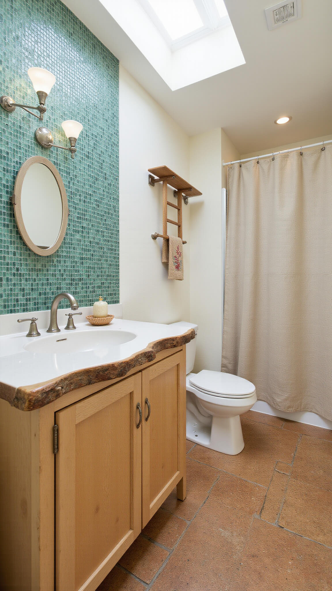 Photorealistic eco-friendly bathroom with recycled glass mosaic wall, bamboo vanity, cork flooring, and natural skylight lighting.
