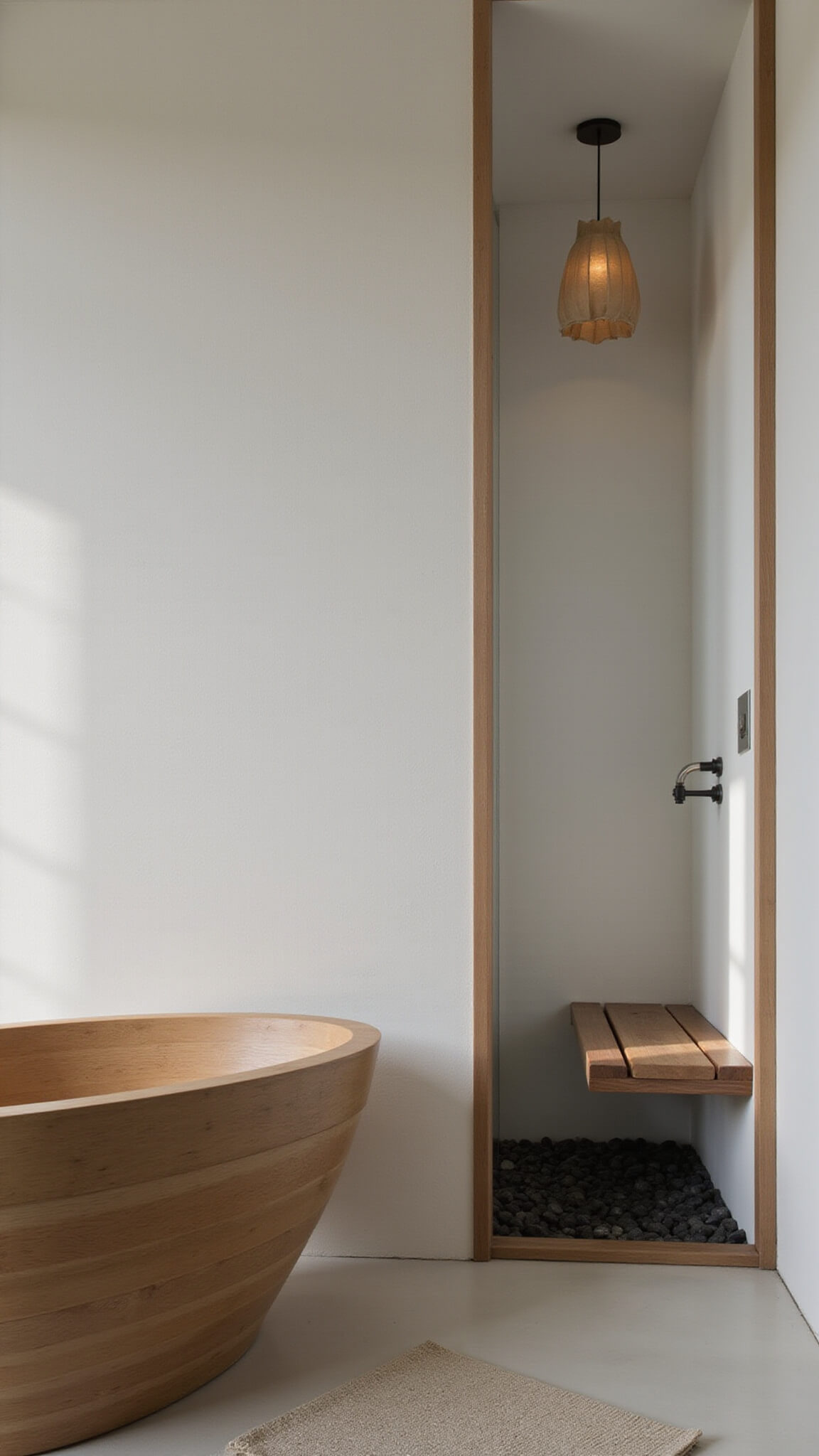 Minimalist Japanese-style bathroom with hinoki wood tub, black river rock shower, teak bench, paper lantern, and soft morning light.