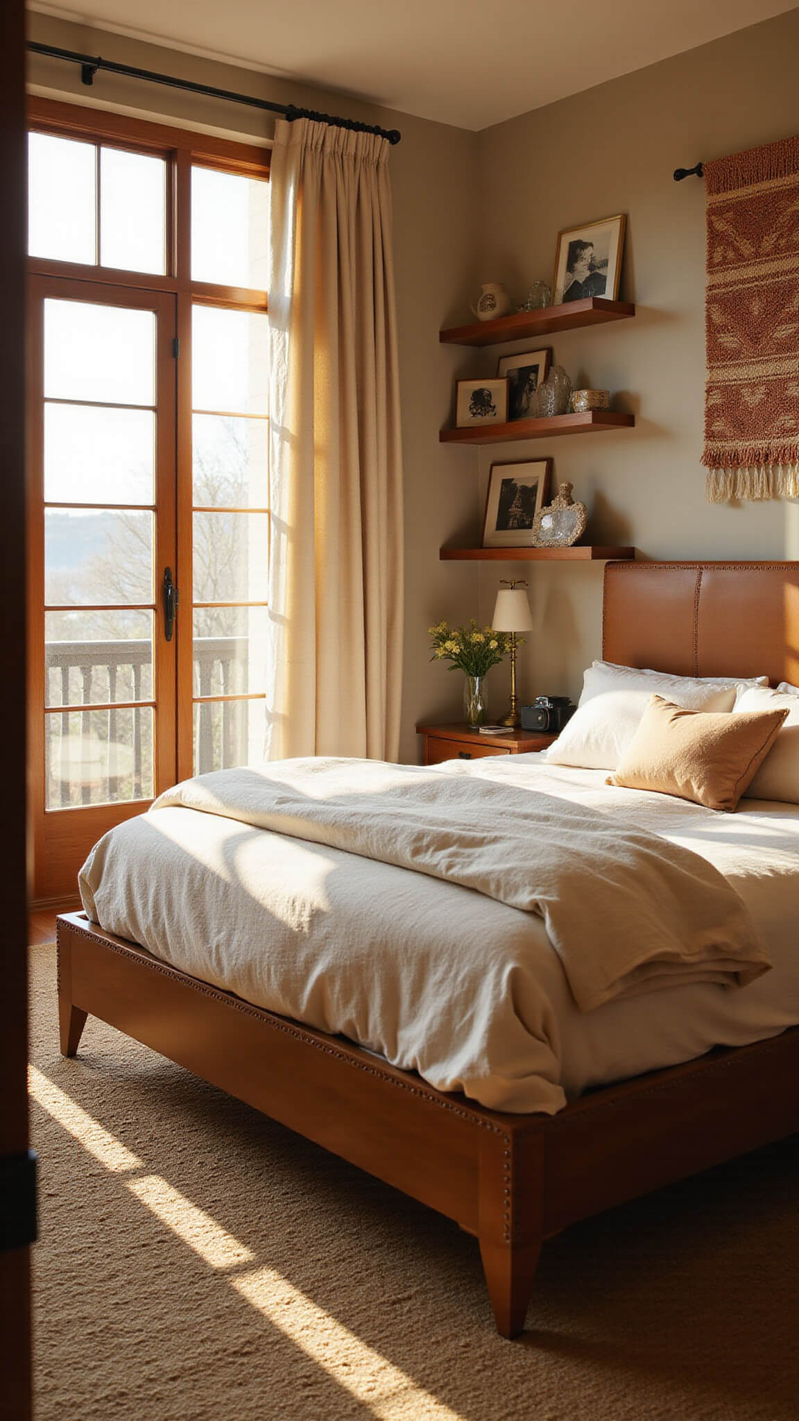 Golden hour light fills a cozy 14x16ft bedroom with a leather-wrapped headboard, ivory linen bedding, vintage photo gallery wall, handwoven tapestry, crystal display, and textured jute rug.