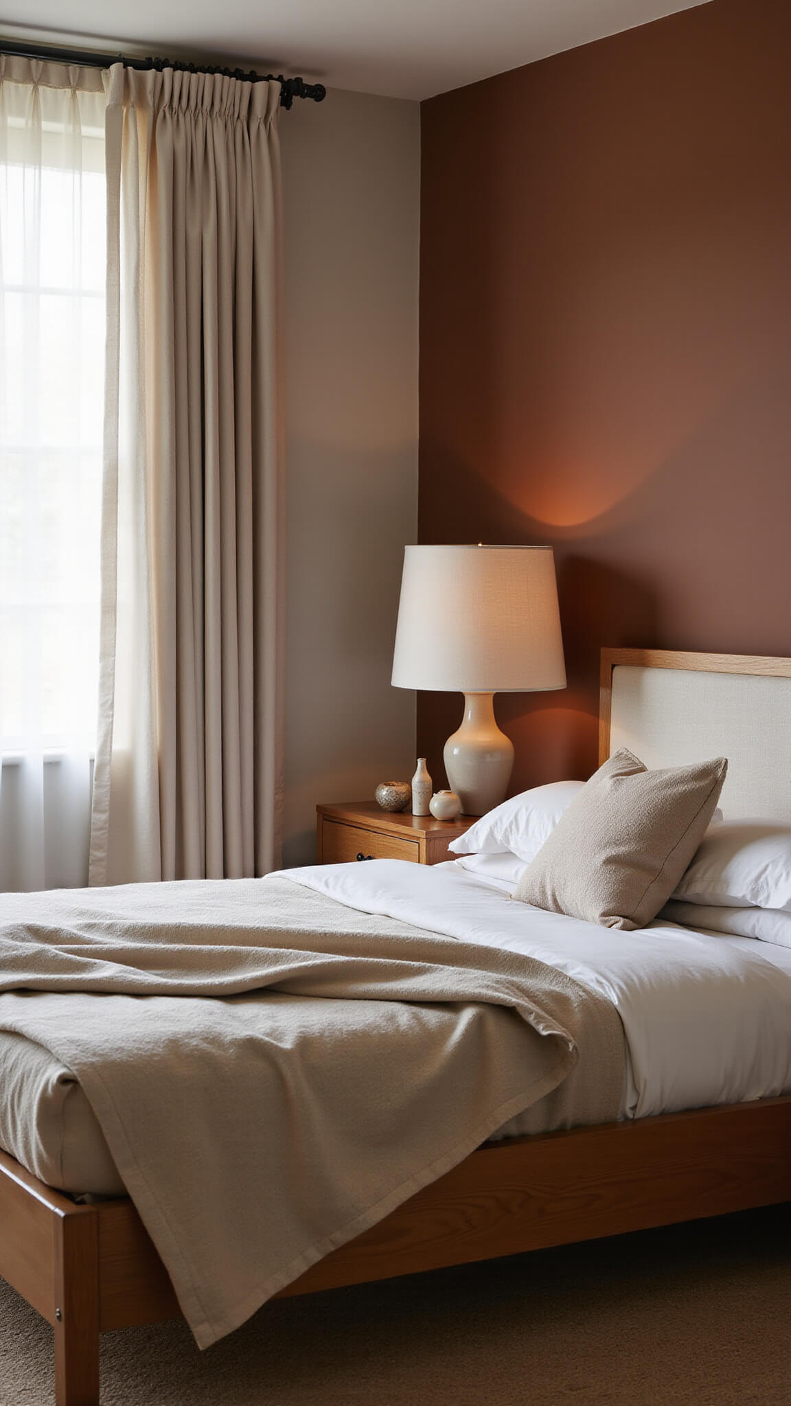 Warm minimalist 12x14ft bedroom with low oak bed, creamy bouclé headboard, terracotta accent wall, linen curtains, ceramic lamp and vessels, captured in soft morning light.