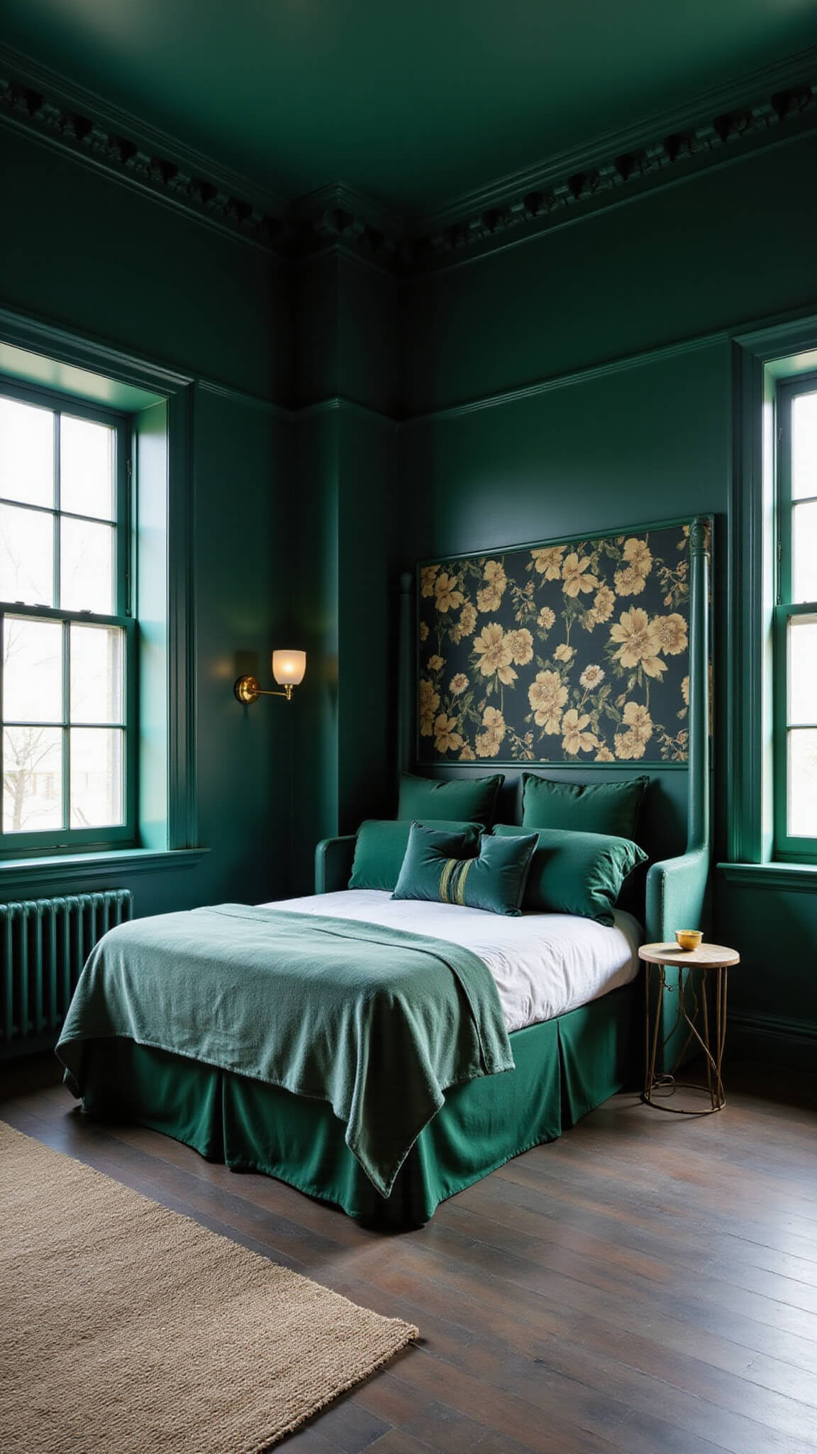 Moody emerald green bedroom with floral accent wall, modern canopy bed, brass sconces, and velvet pillows, shot from low angle for dramatic effect.