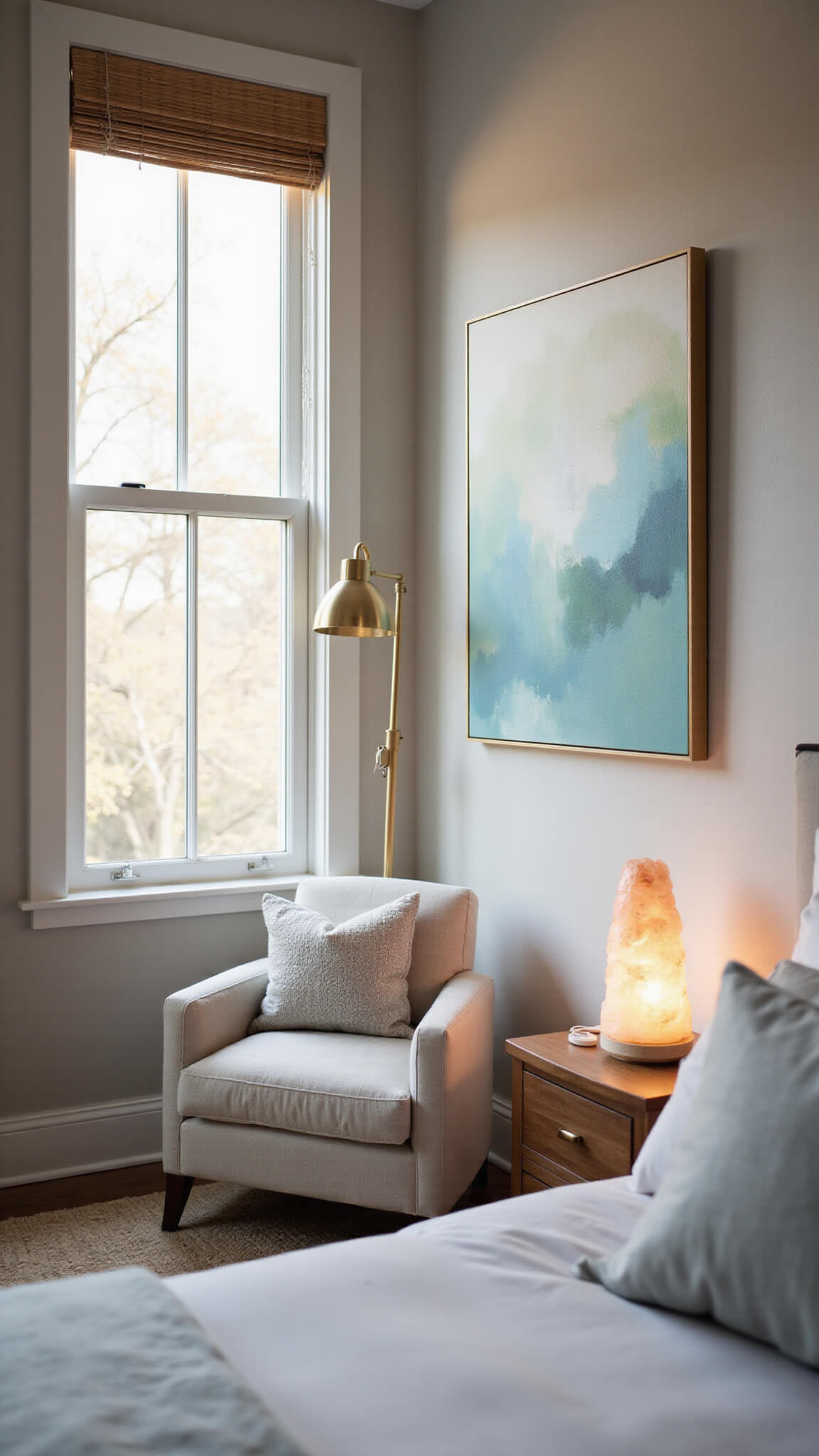 Serene 13x15ft wellness-inspired bedroom with diffused morning light, linen reading chair, brass lamp, hidden tech nightstands, abstract blue-green art, and Himalayan salt lamp glow.
