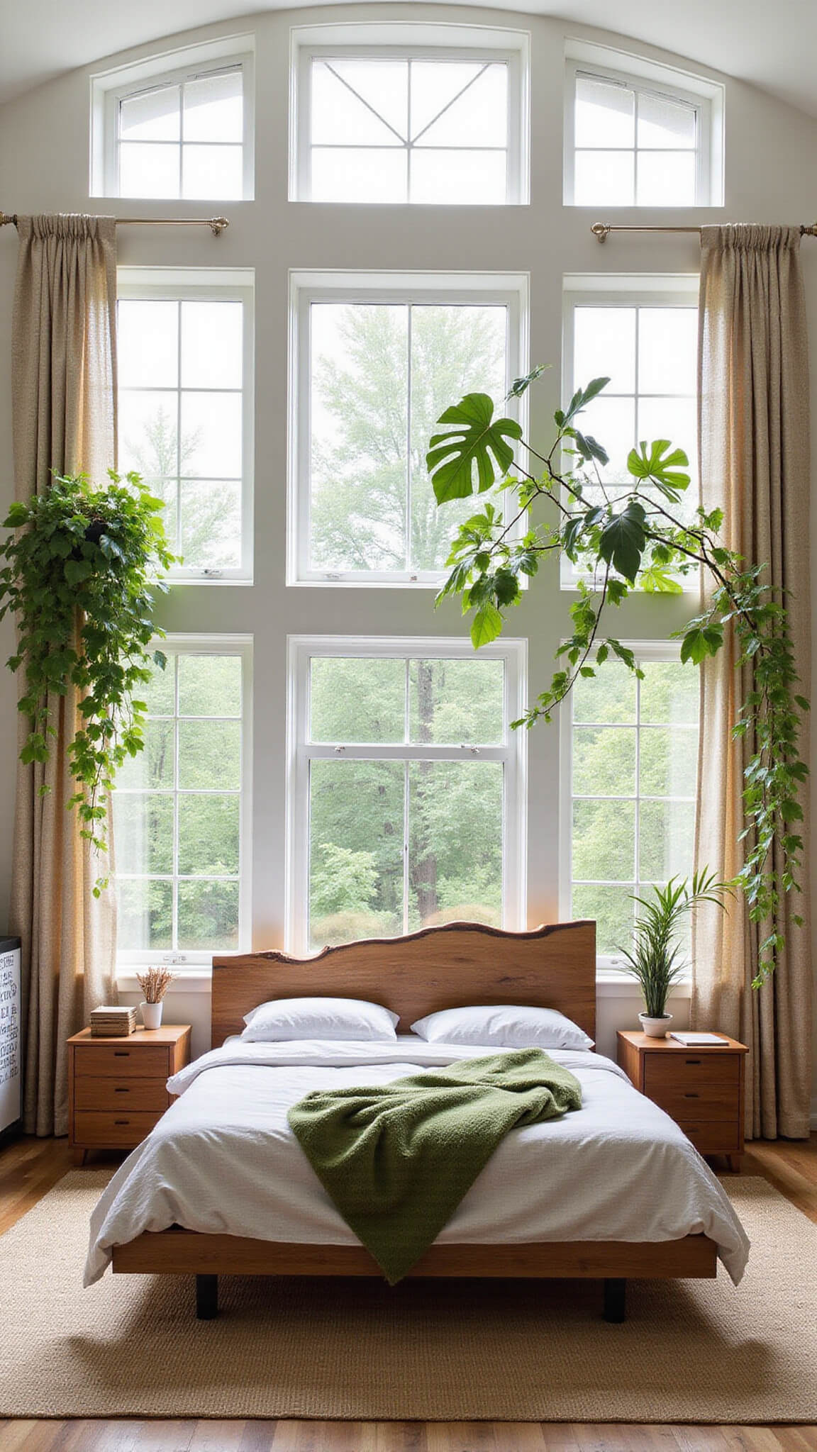 Bright, airy 14x16ft bedroom with greenhouse windows, live edge headboard, potted plants, botanical wallpaper, and natural fiber decor.