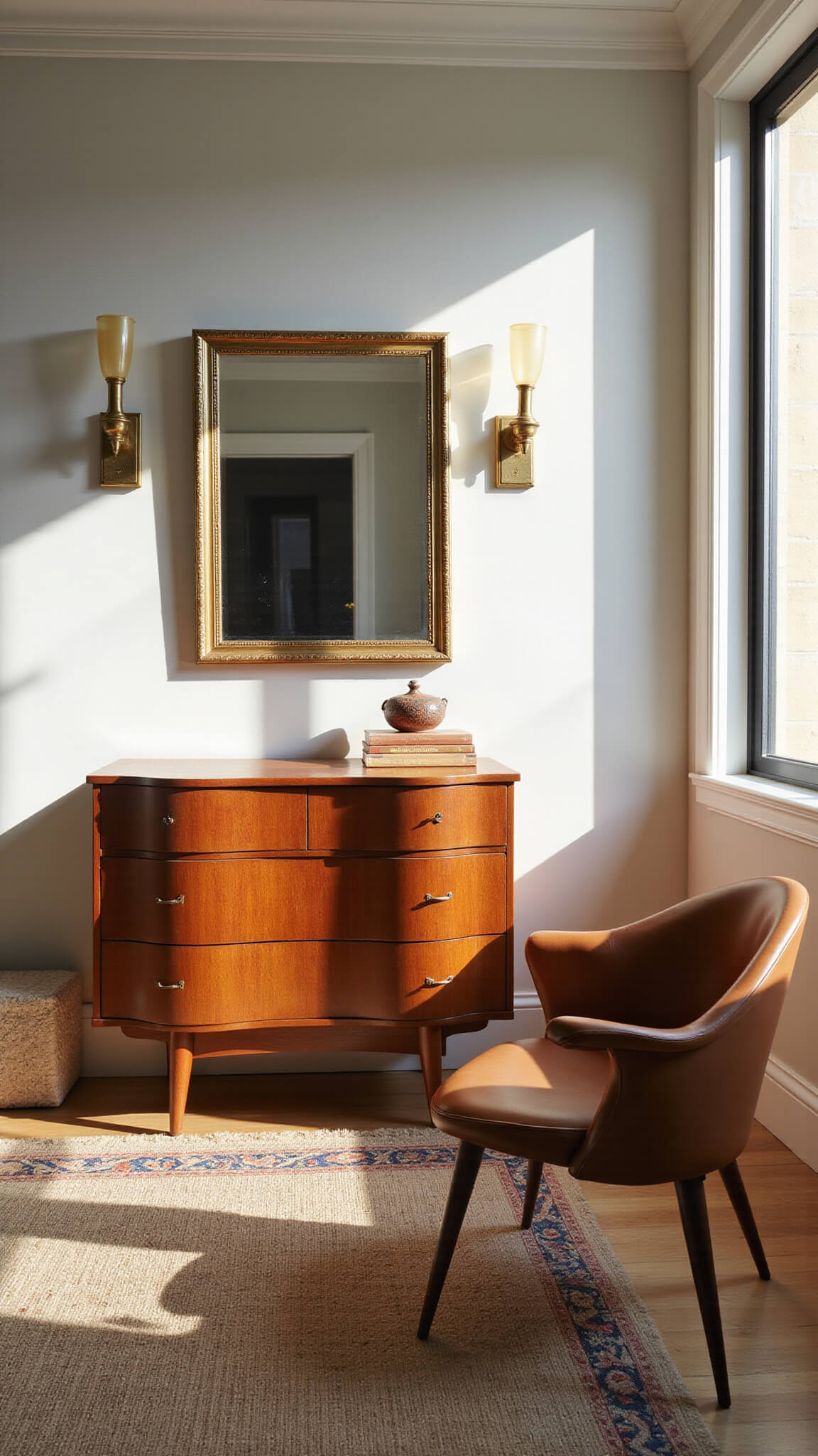 Eclectic 15x13ft bedroom blending vintage and modern decor with mid-century dresser, curved chair, layered Persian and sisal rugs, mixed metal accents, and Art Deco sconces in late afternoon light.