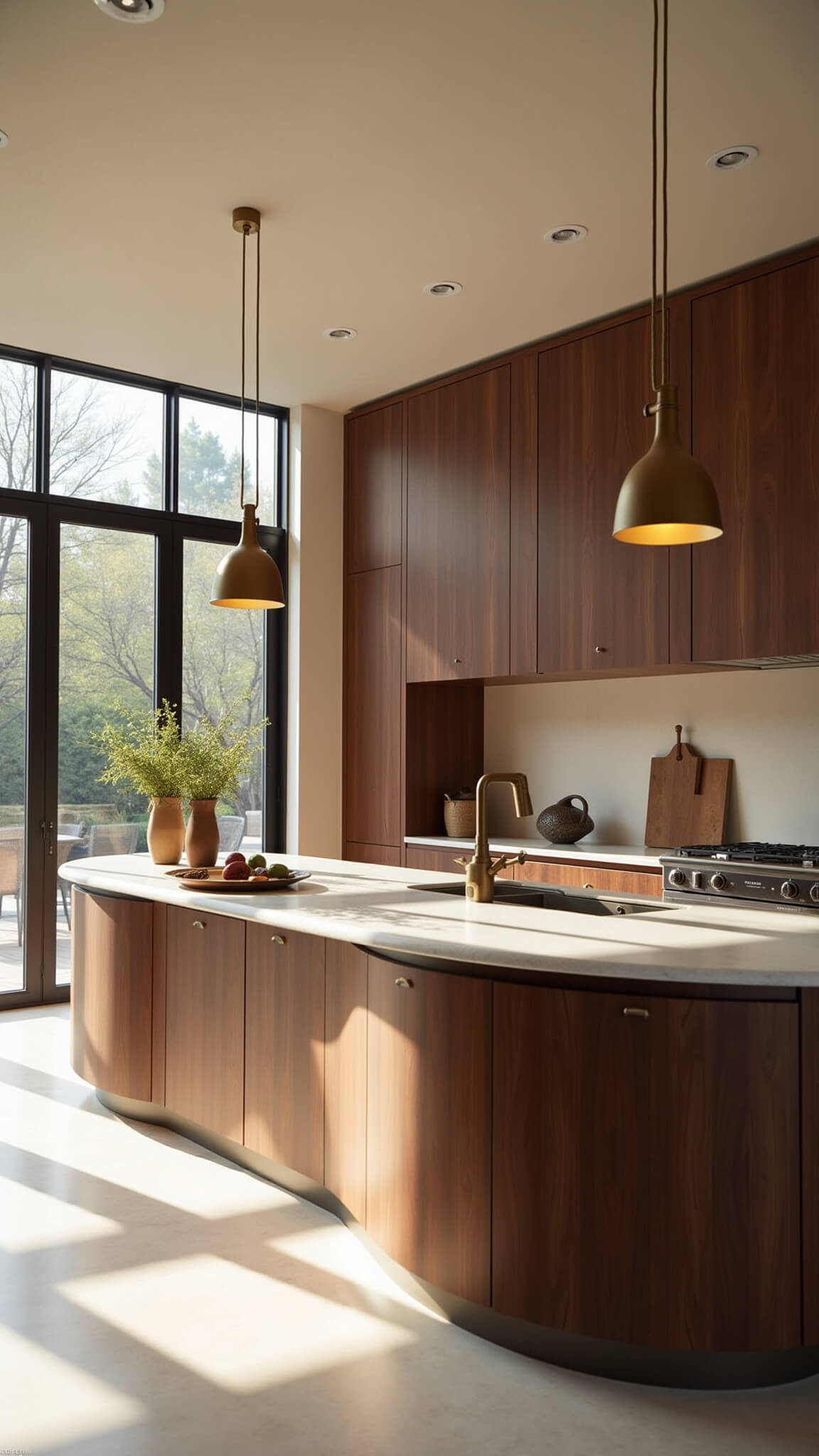 Expansive kitchen with curved walnut island, chocolate cabinets, and cream limestone floors bathed in warm morning light.