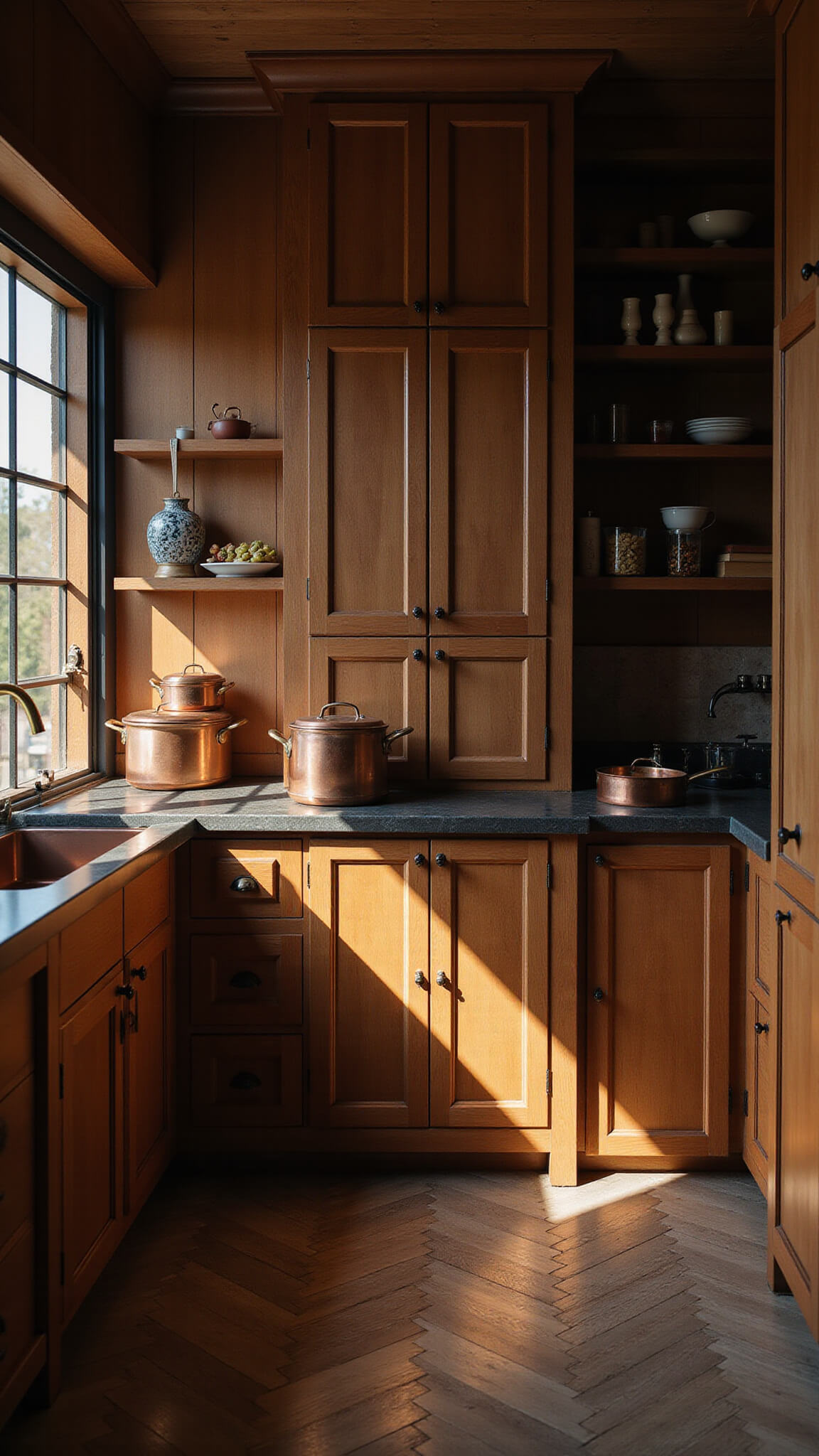Moody evening kitchen with warm lighting, wood cabinetry, herringbone floors, and copper cookware.