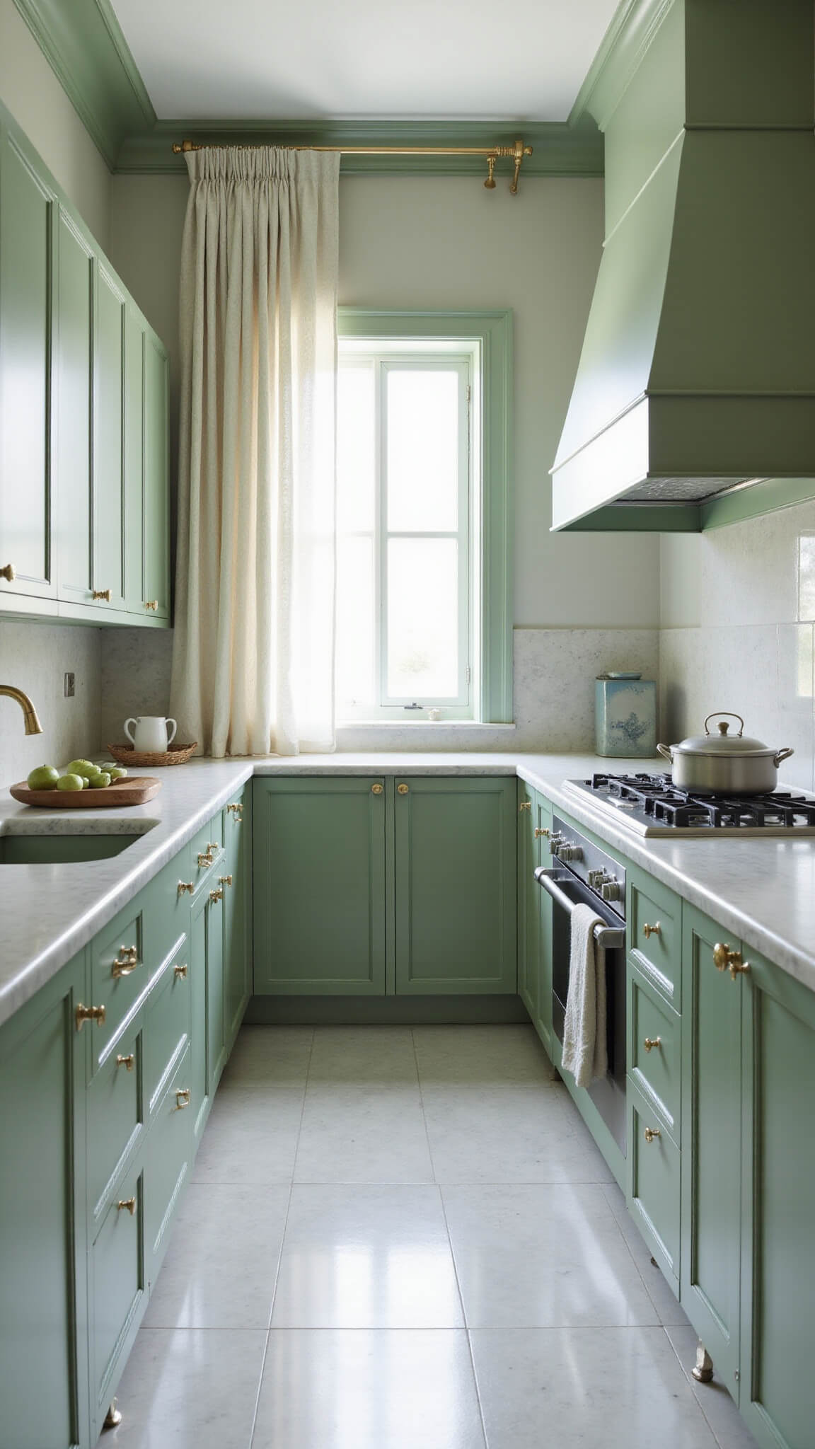 Contemporary sage green kitchen with marble countertops, matching appliances, and brass accents, lit by afternoon sunlight through sheer curtains.