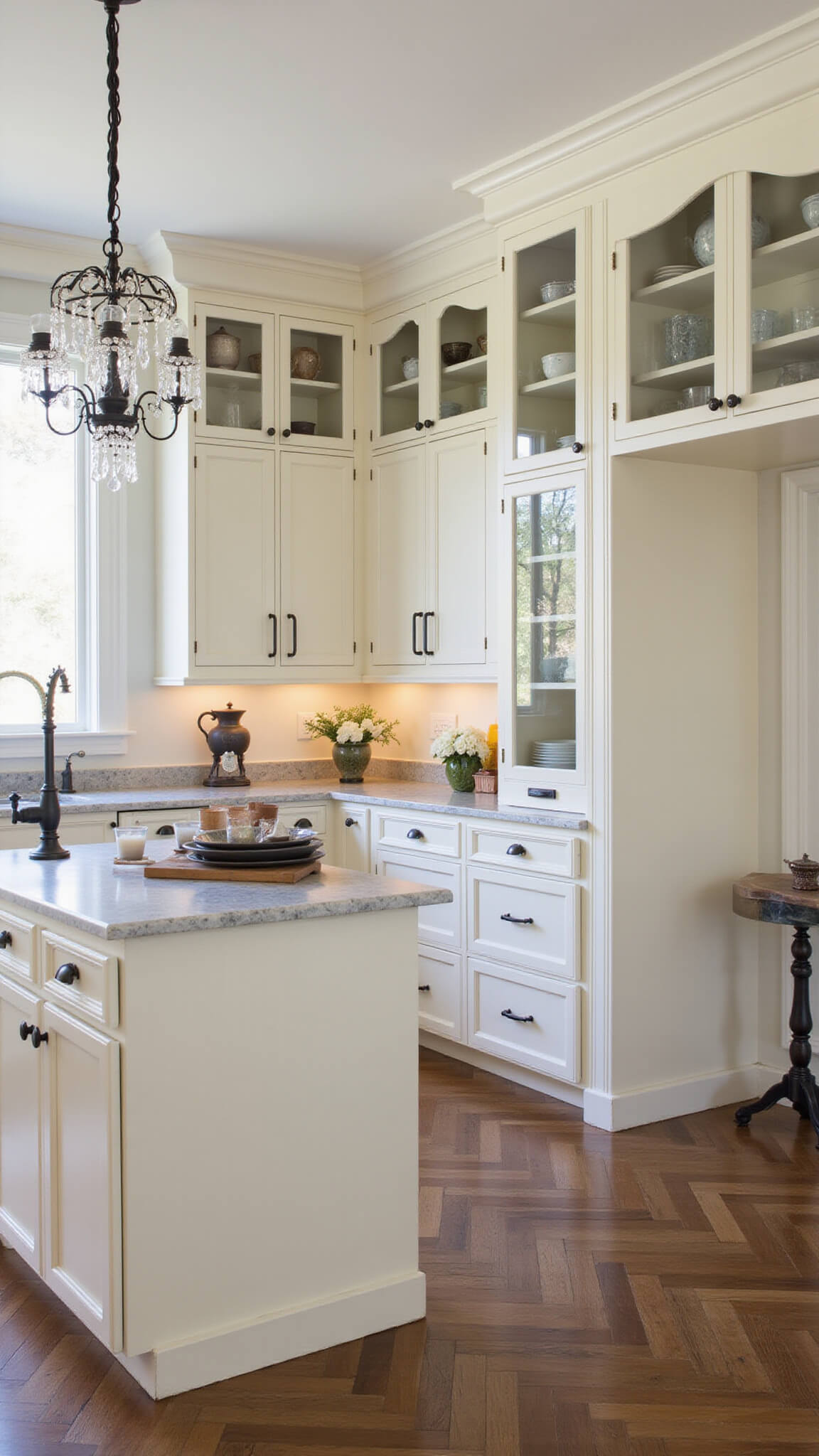 Classic cream shaker kitchen with marble island, black hardware, crystal chandelier, chevron wood floors, and glass-front cabinets displaying decor.