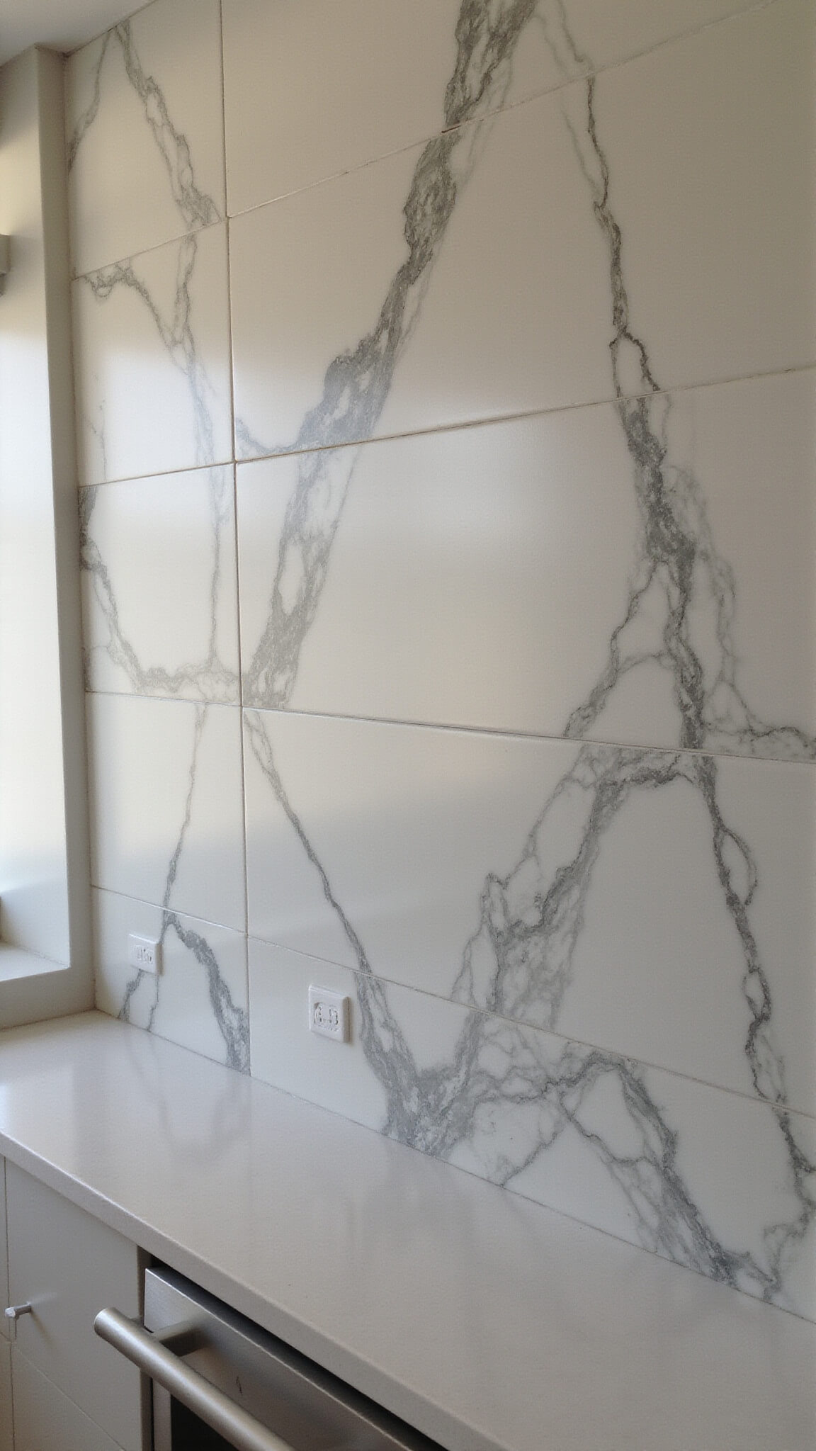 Close-up of dramatic marble backsplash with bold veining in a 12x14ft minimalist kitchen, highlighted by afternoon light and integrated appliances.