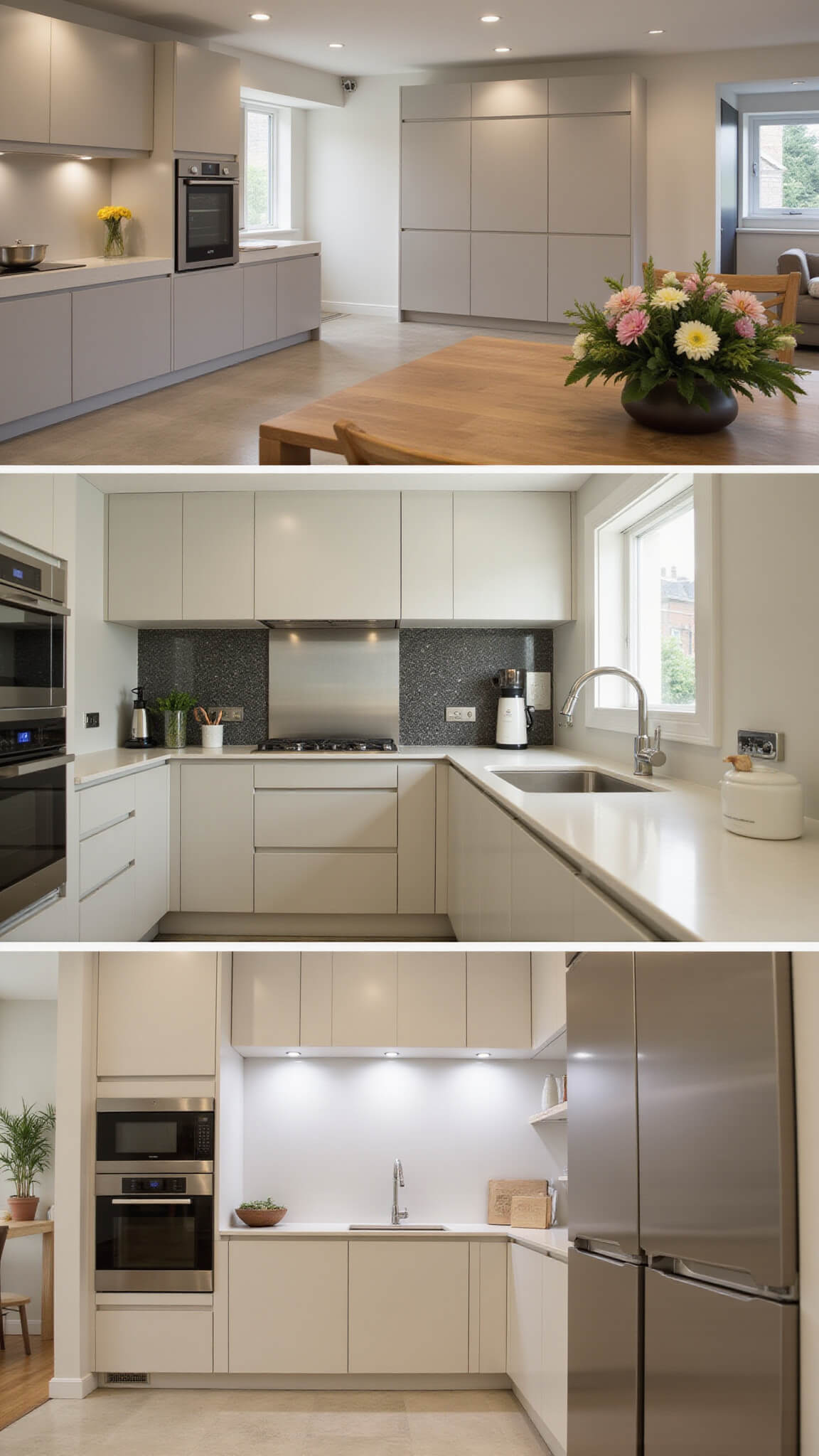 Modern 13x15ft greige kitchen with hidden appliances, pocket doors revealing coffee station, handle-free cabinetry, integrated lighting, and a single dramatic floral arrangement.