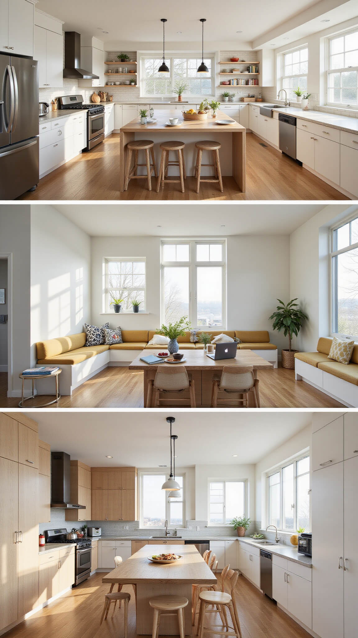 Bright, airy multi-functional kitchen with double islands, built-in banquette seating, and warm white oak and cream tones, styled with laptops and coffee cups for casual dining and work.