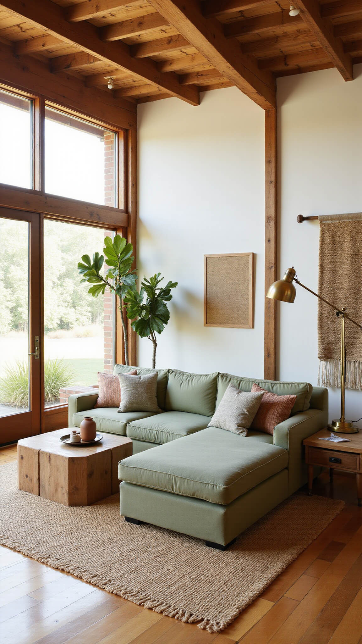 Sunlit sustainable living room featuring sage green modular sofa, reclaimed wood beams, jute rugs, vintage brass lamp, potted plants, and natural-toned decor.