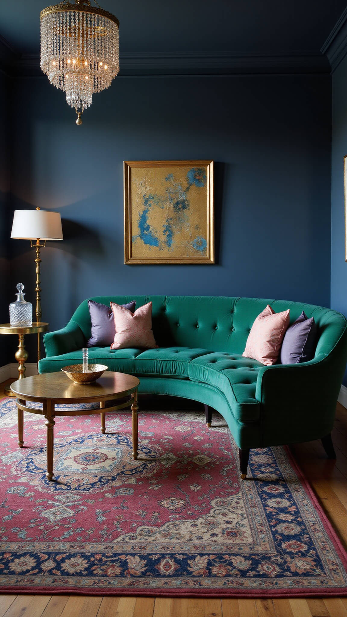 Dramatic golden hour view of a deep navy living room with emerald velvet sofa, jewel-toned vintage rug, crystal chandelier, and rich textured accents.