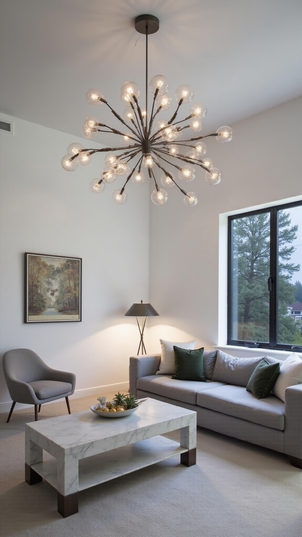 Contemporary 22x26ft living room at dusk featuring sculptural chandelier with hand-blown glass orbs, modernist floor lamps casting patterns, grey linen sectional, marble coffee table, and metallic accents against white walls.
