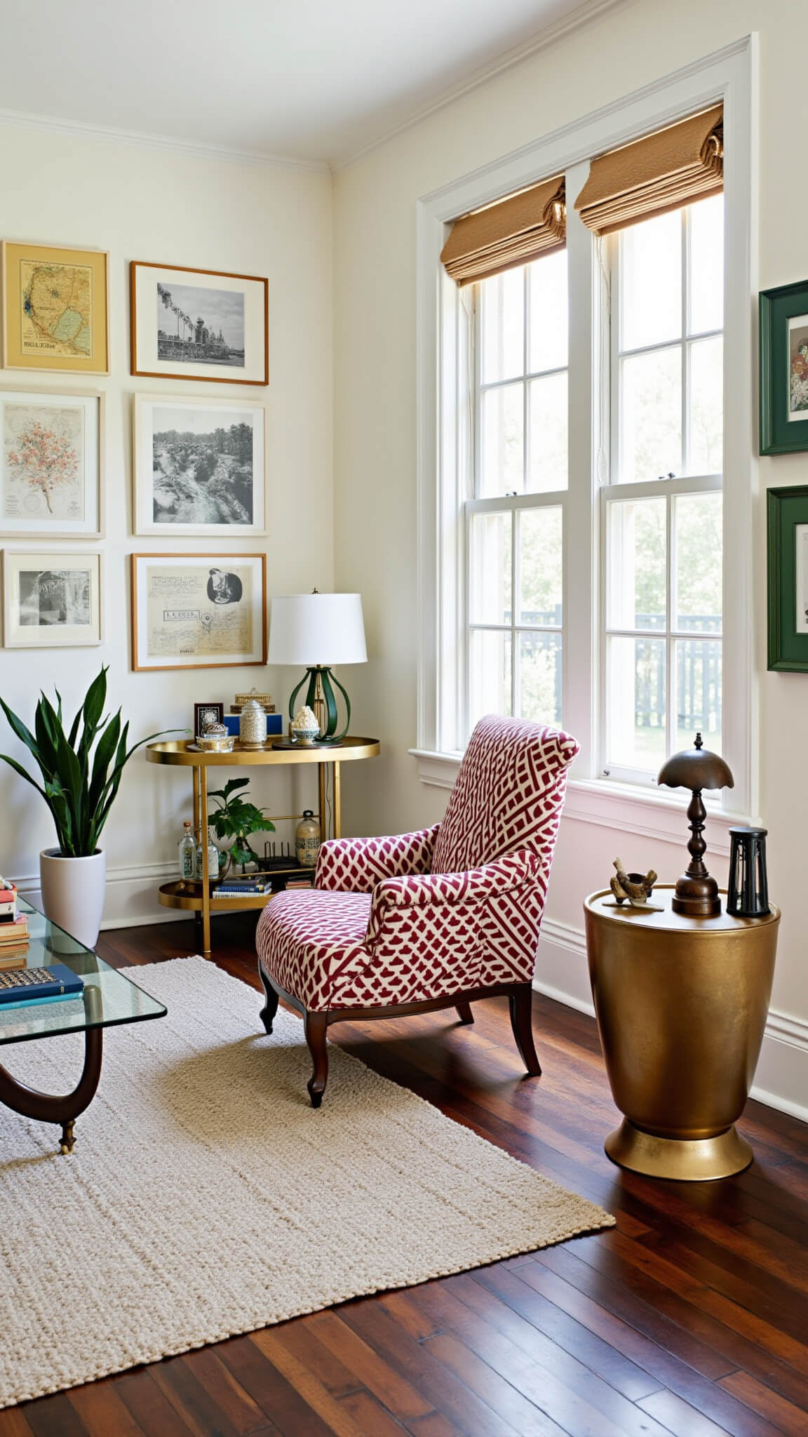 Eclectic 15x18ft living room with Victorian armchair in geometric fabric, glass coffee table, gallery wall of vintage maps and modern photos, Art Deco bar cart, Moroccan side tables, and mid-century lamps in warm morning light.