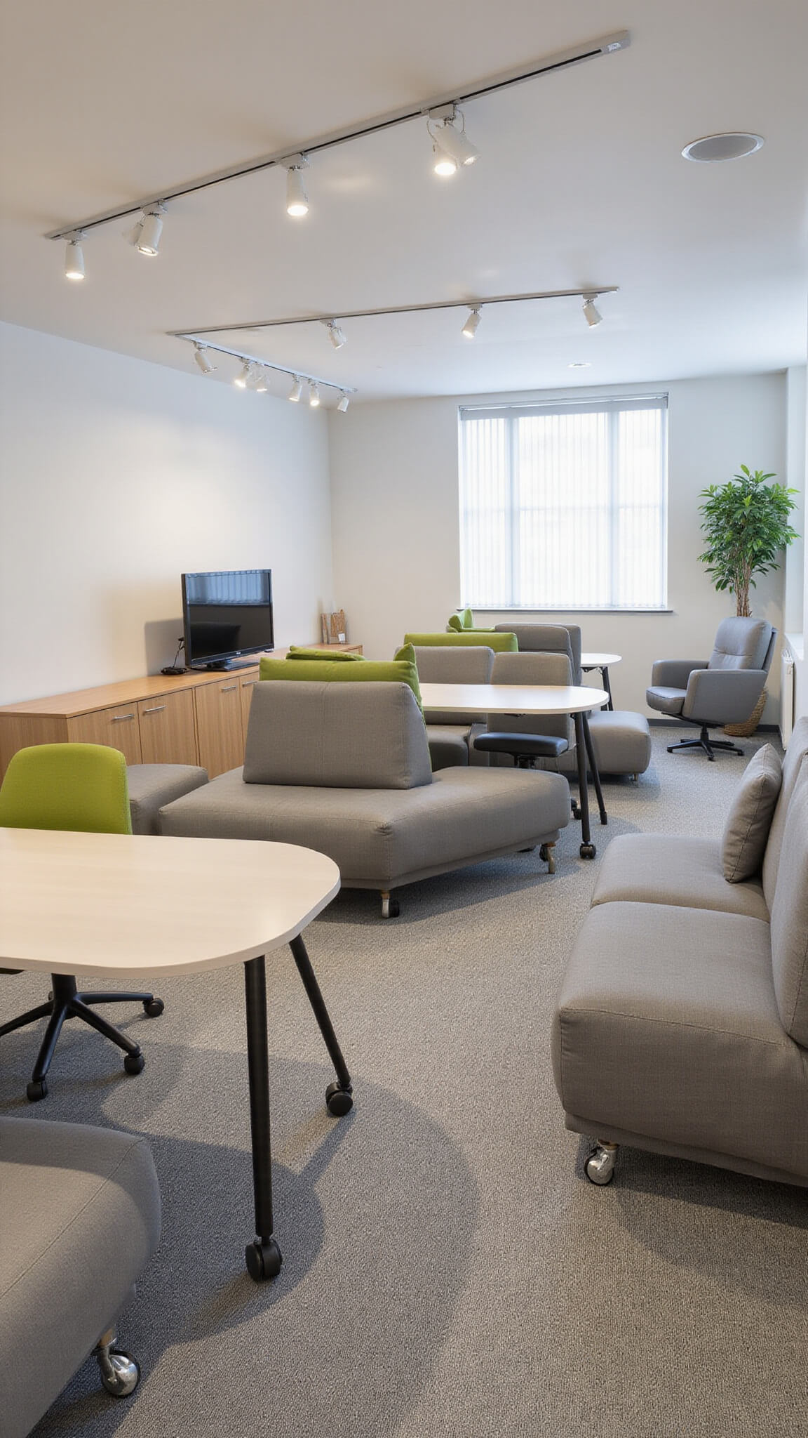 Flexible 24x28ft multi-purpose room with modular grey seating, built-in desk nook, lightweight mobile furniture, indoor plant dividers, and adjustable LED lighting in a bright, neutral palette with olive green accents.