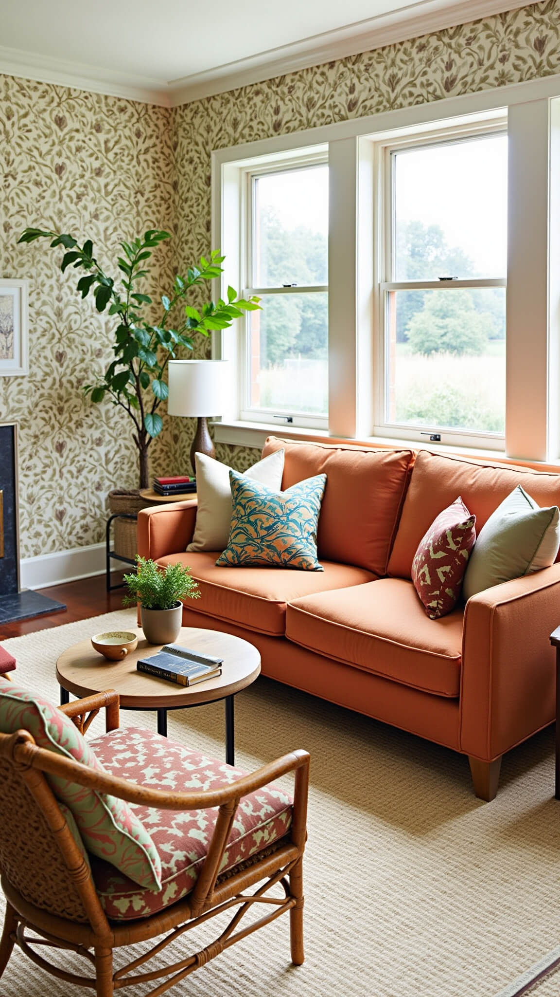Living room with terracotta sofa, botanical wallpaper, geometric rug, rattan chairs, and mixed earthy-toned patterns in natural afternoon light.