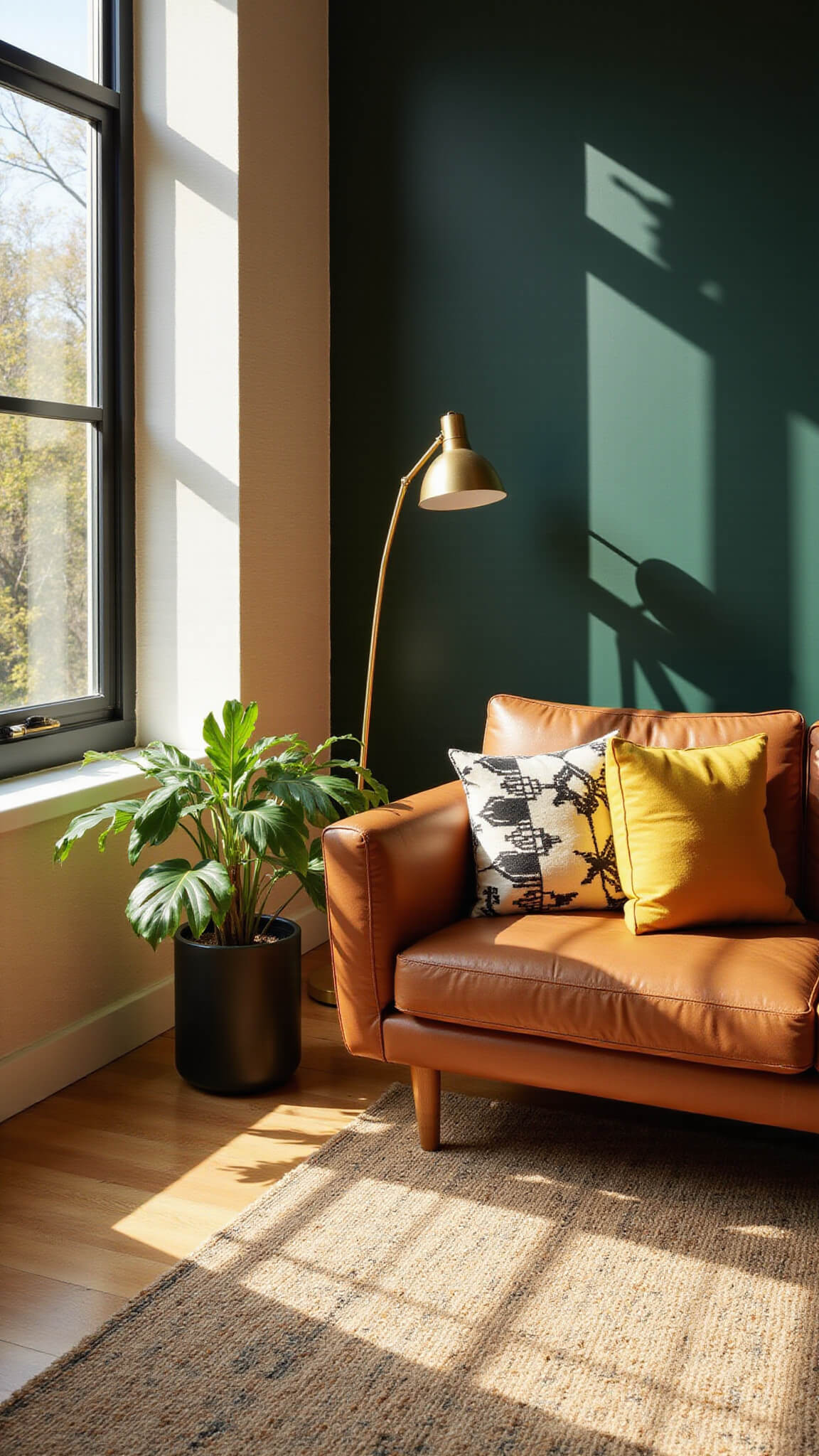Spacious 20x24ft living room with golden hour sunlight, floor-to-ceiling windows, forest green accent wall, cognac leather mid-century sofa, yellow and black pillows, brass floor lamp, jute and Persian rugs, and monstera plant in black pot.