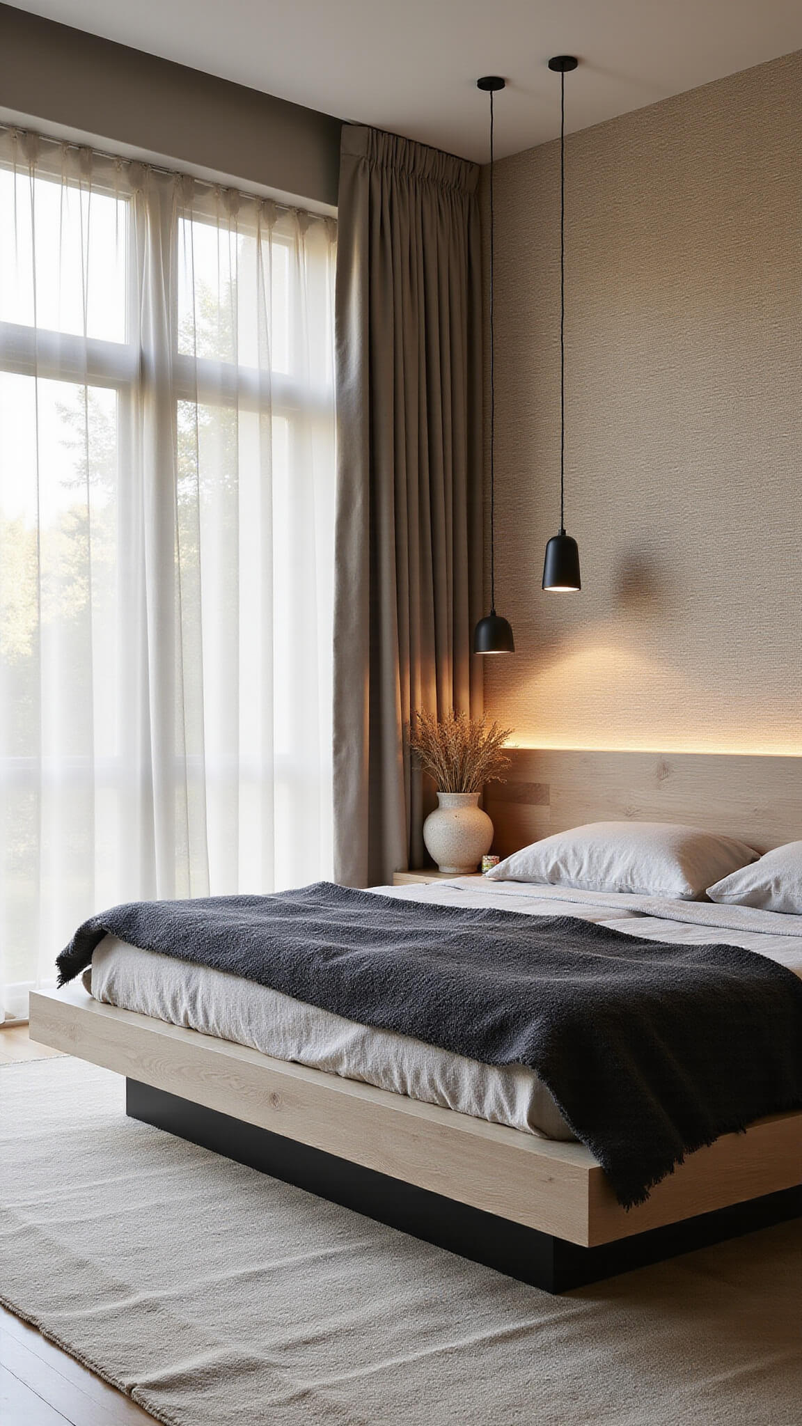 Japandi-style bedroom with platform bed, sheer linen curtains, pendant lights, and natural earth-toned decor in early morning light.