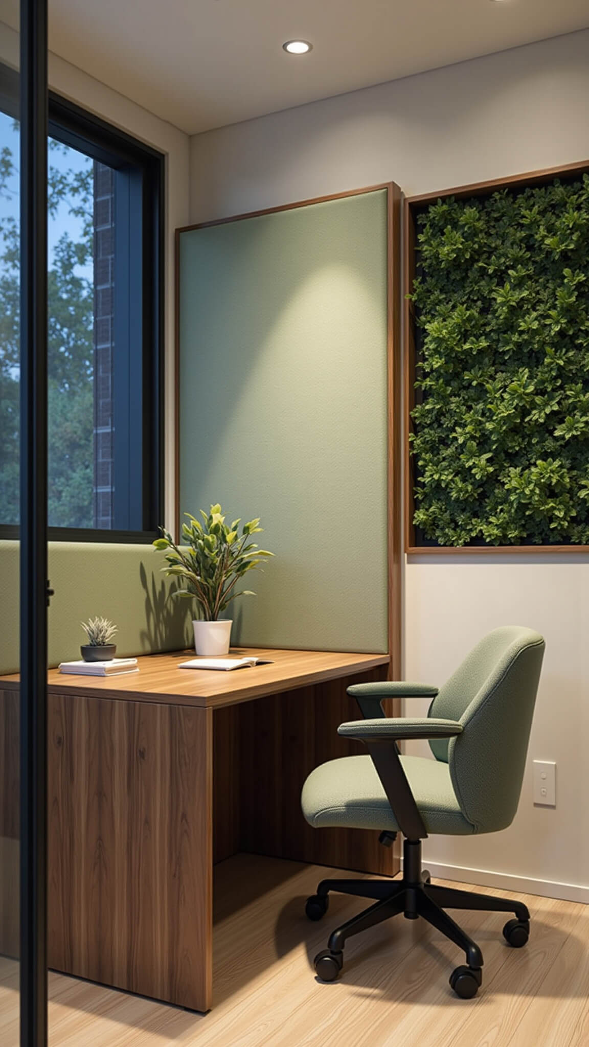 Wellness-inspired 12x14ft home office corner at blue hour with walnut multifunctional desk, sage green acoustic panels, ergonomic bouclé chair, smart glass partition, and living wall with humidity control, viewed from elevated angle.