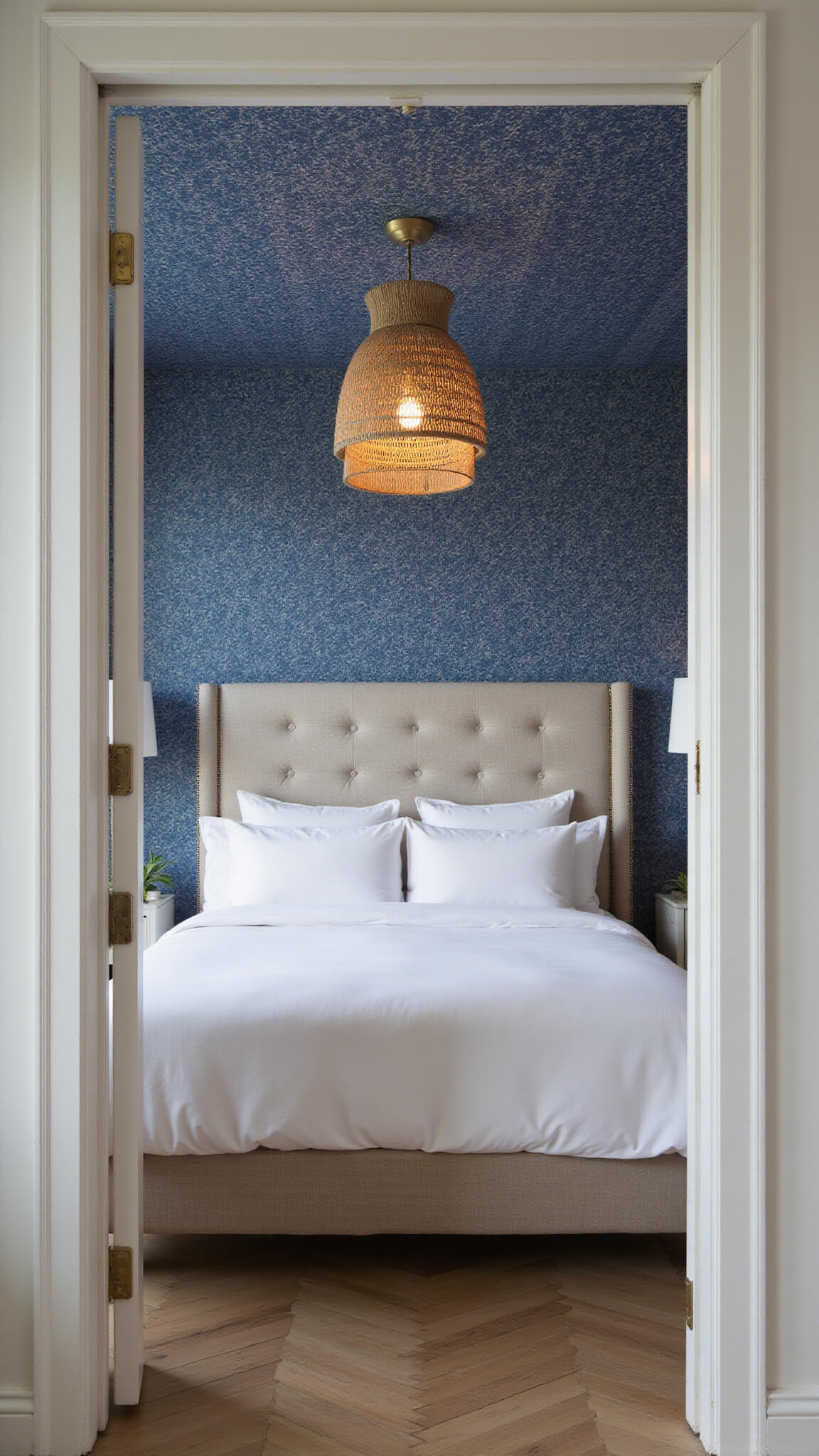 Coastal-modern primary suite at twilight with oceanic blue wallpaper on ceiling, wall-to-wall linen headboard, layered white bedding, and seagrass pendant lights creating a serene, resort-like ambiance.