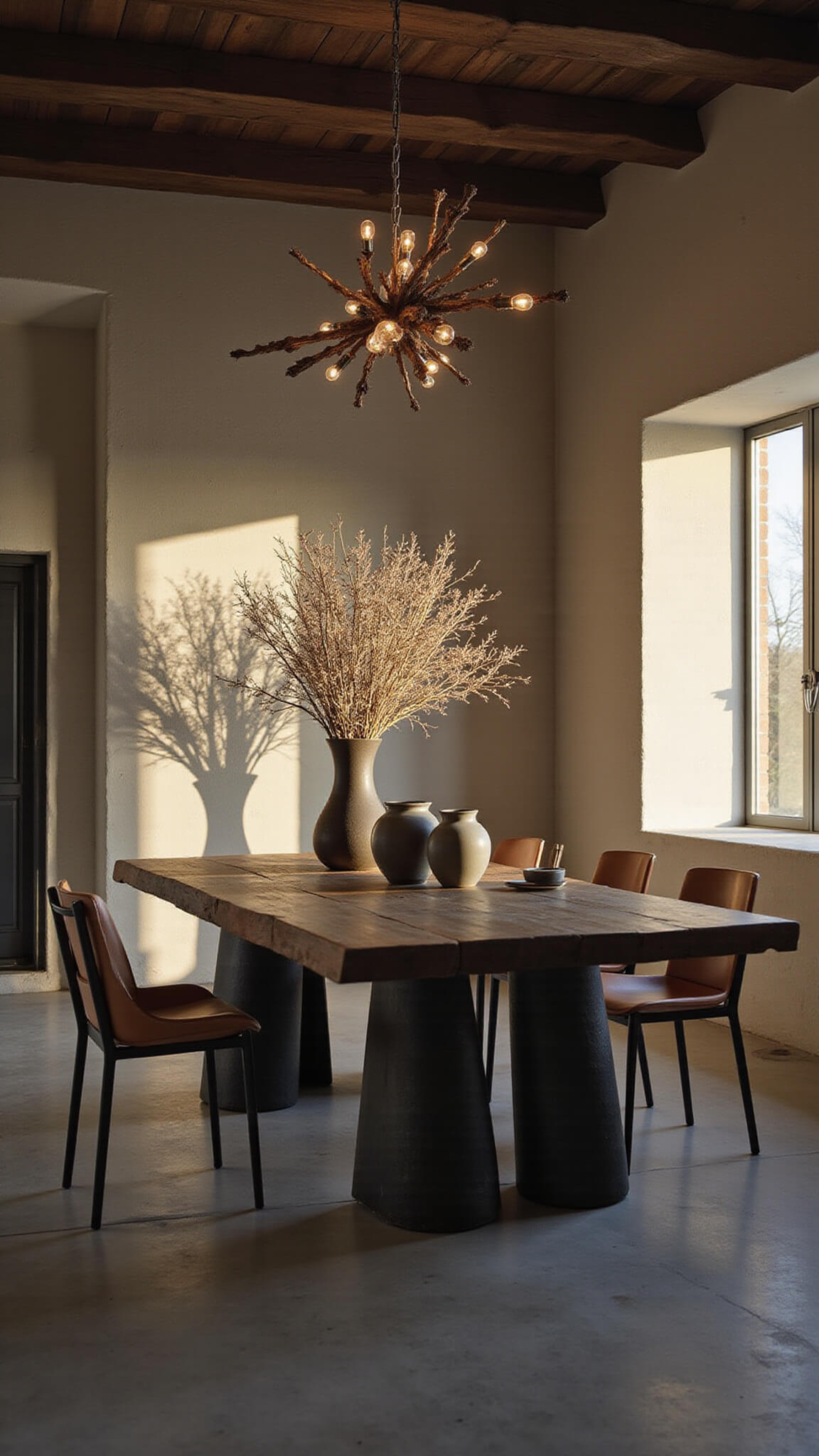 Organic-modern dining room with sculptural chandelier, live-edge blackened oak table, mixed bouclé and leather chairs, and dramatic dried floral arrangements.
