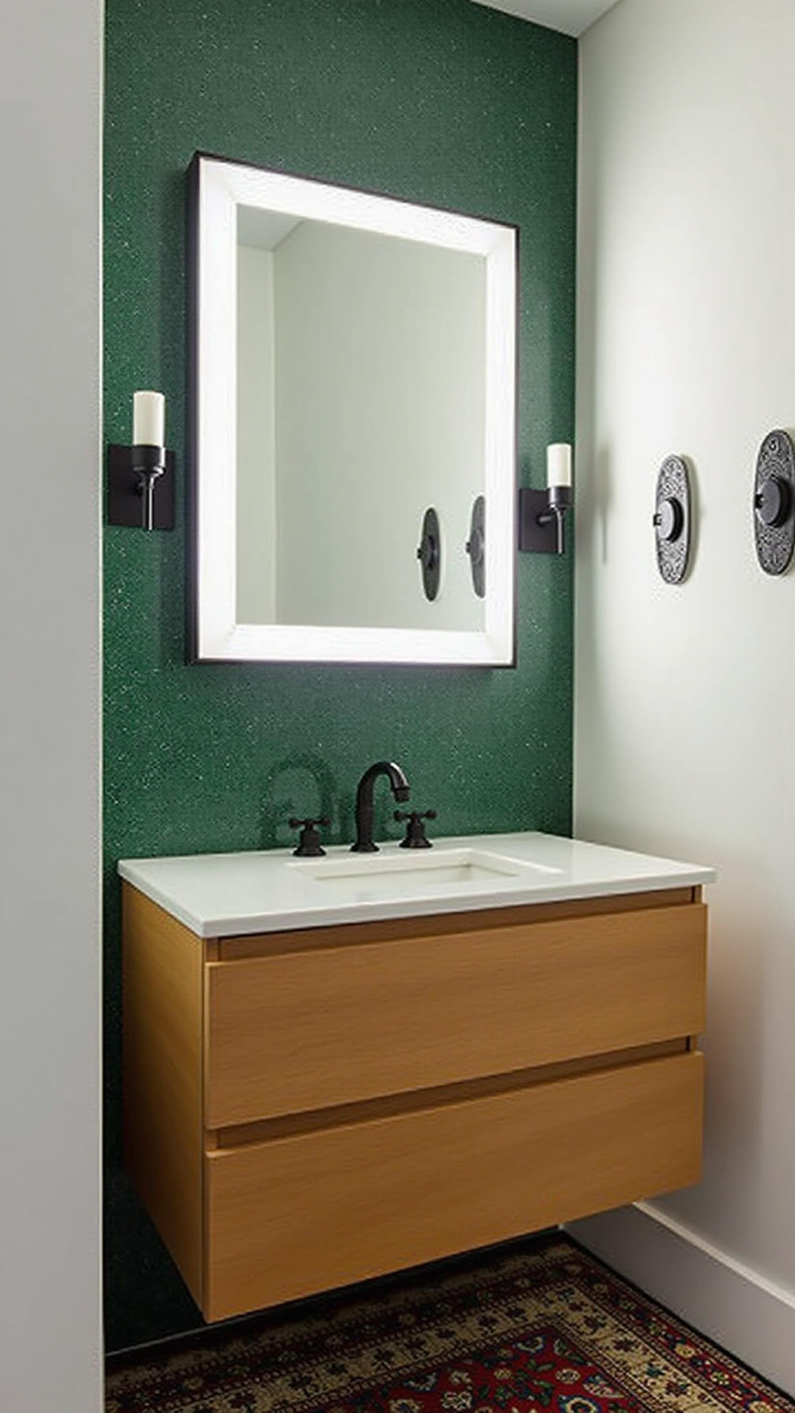 Minimalist 10x12ft powder room with emerald zellige tiles, floating oak vanity, backlit mirror, vintage Persian runner, and artistic sconces.