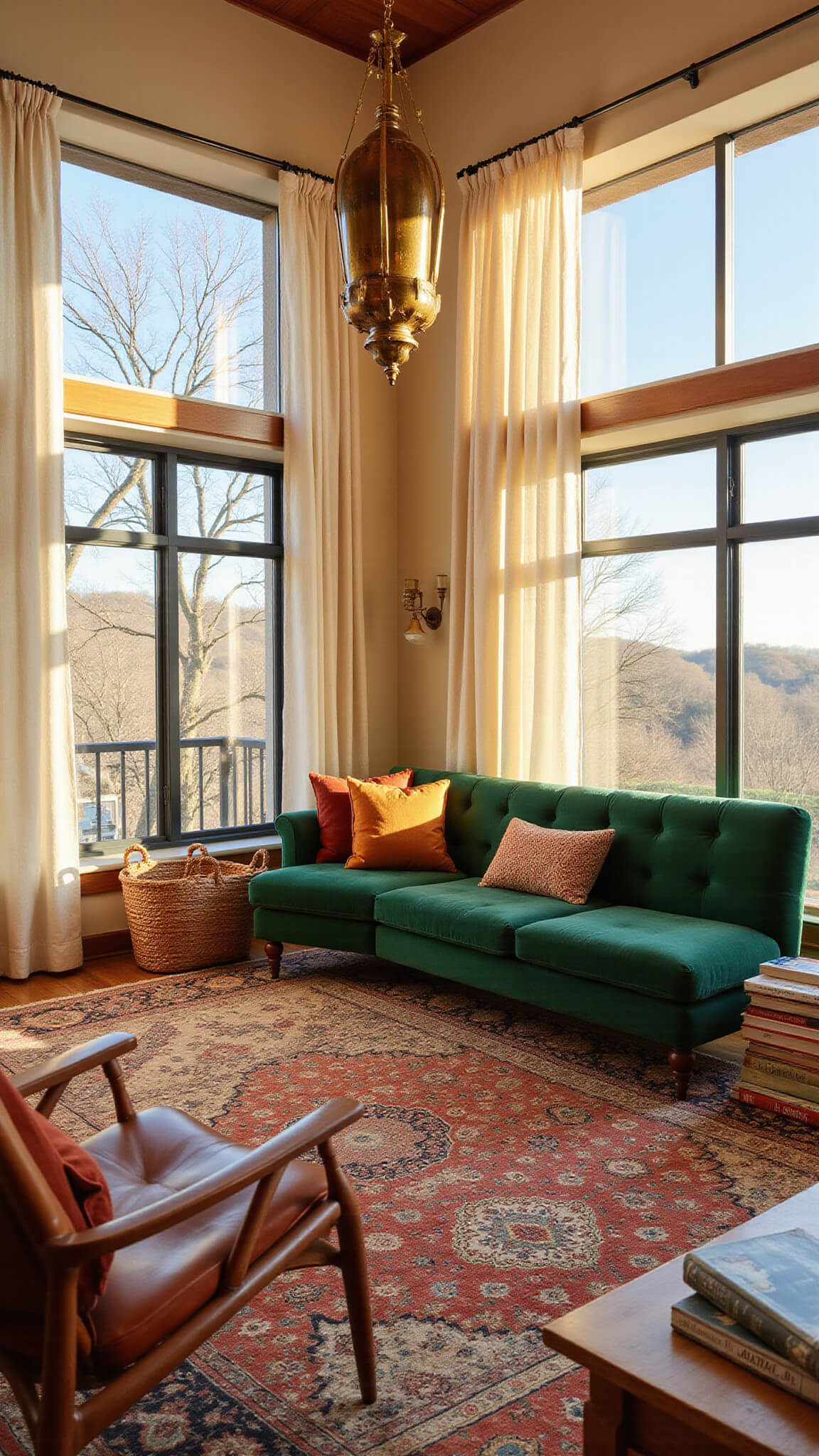 Sunlit living room with emerald green velvet sofa, vintage Persian rugs, brass chandelier, and warm golden hour light through west-facing windows.