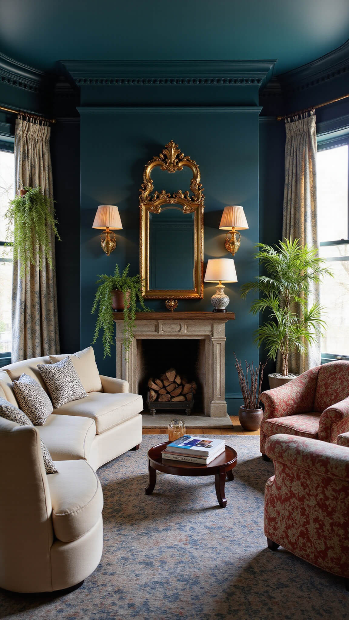 Cozy 15x18ft living room at blue hour with dark teal ceiling, vintage mirrors, cream bouclé sectional, layered maximalist patterns, ceramic lamps, and cascading plants.