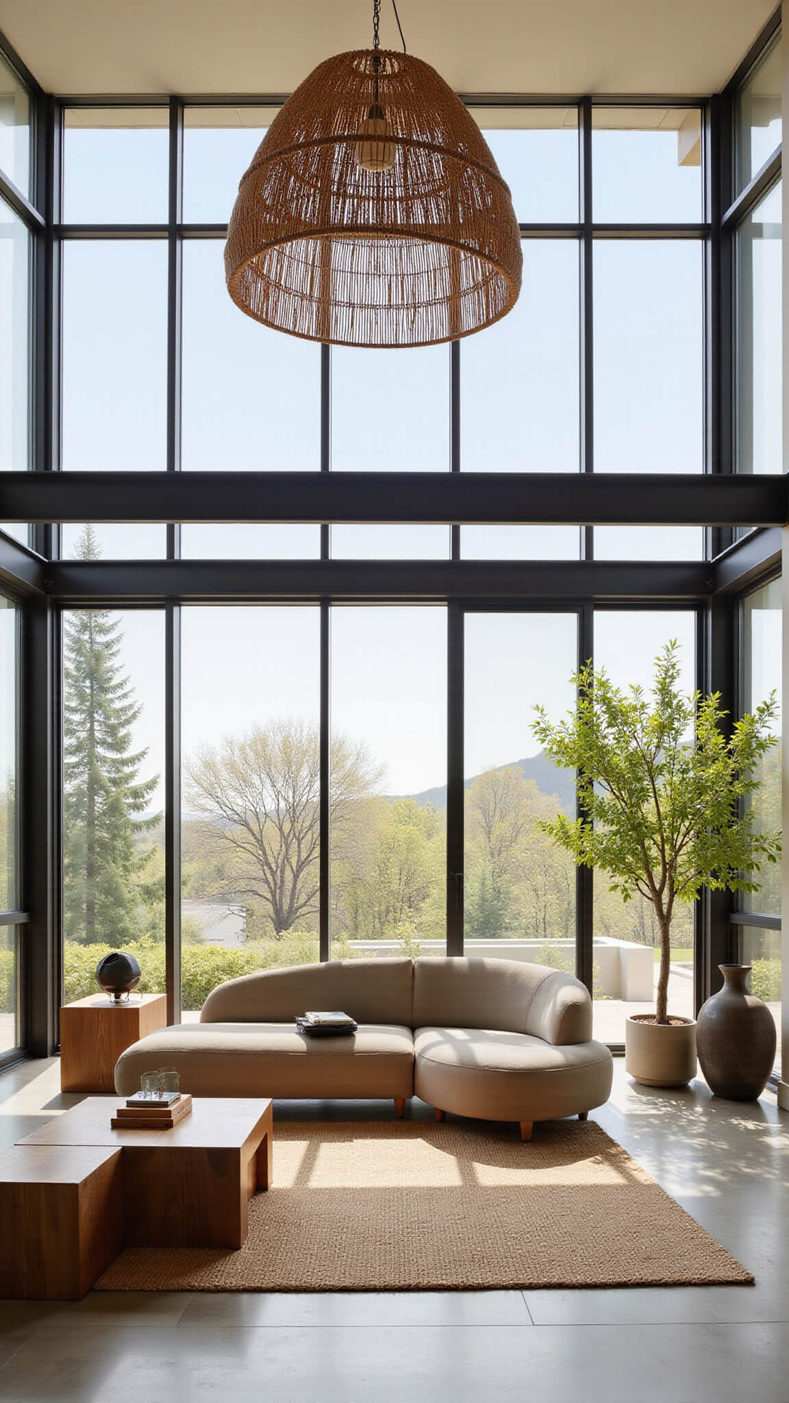 Modernist open-concept living area with floor-to-ceiling windows, curved oatmeal bouclé sofa, rattan pendant light, teak side tables, and earthy decor elements.