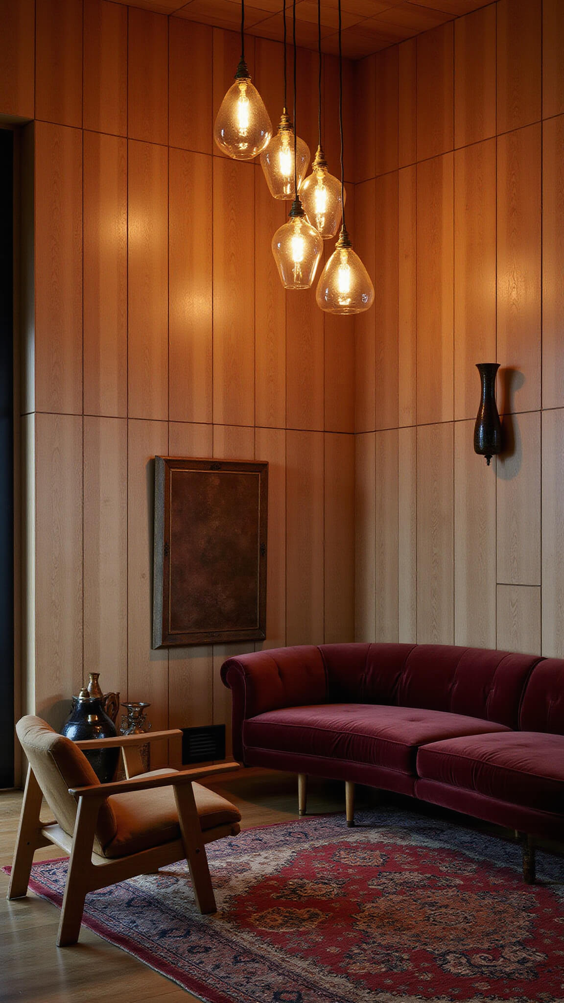 Cozy dusk-lit 16x20ft living room with burgundy velvet curved sofa, vintage leather chairs, artisanal pendant lights, bleached oak paneling, and warm brass and ceramic accents.
