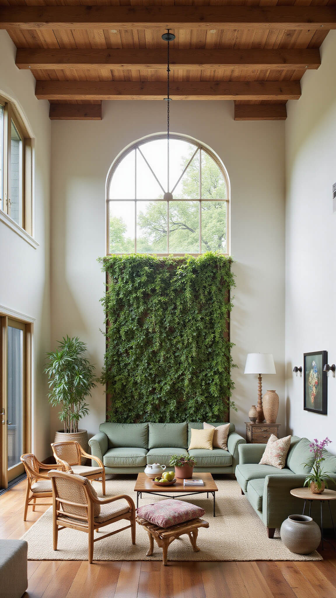 High-angle view of a spacious great room with a curved sage green sectional, rattan chairs, and a tall arched window showcasing a vertical garden, bathed in morning light with exposed wooden beams and natural textures.