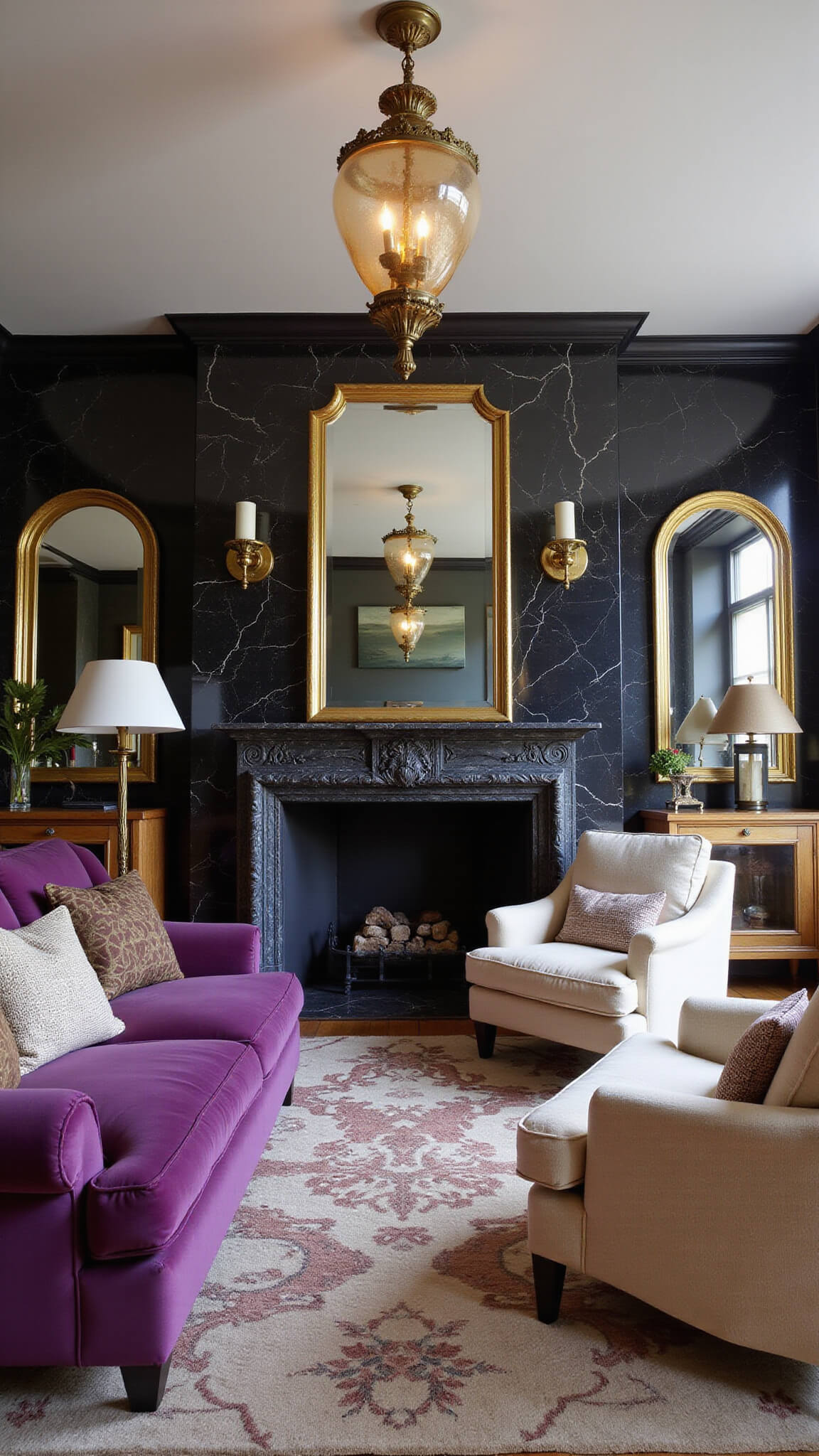 Twilight living room with black marble fireplace, amethyst velvet sofa, cream bouclé chairs, brass lamps, and glass chandelier.
