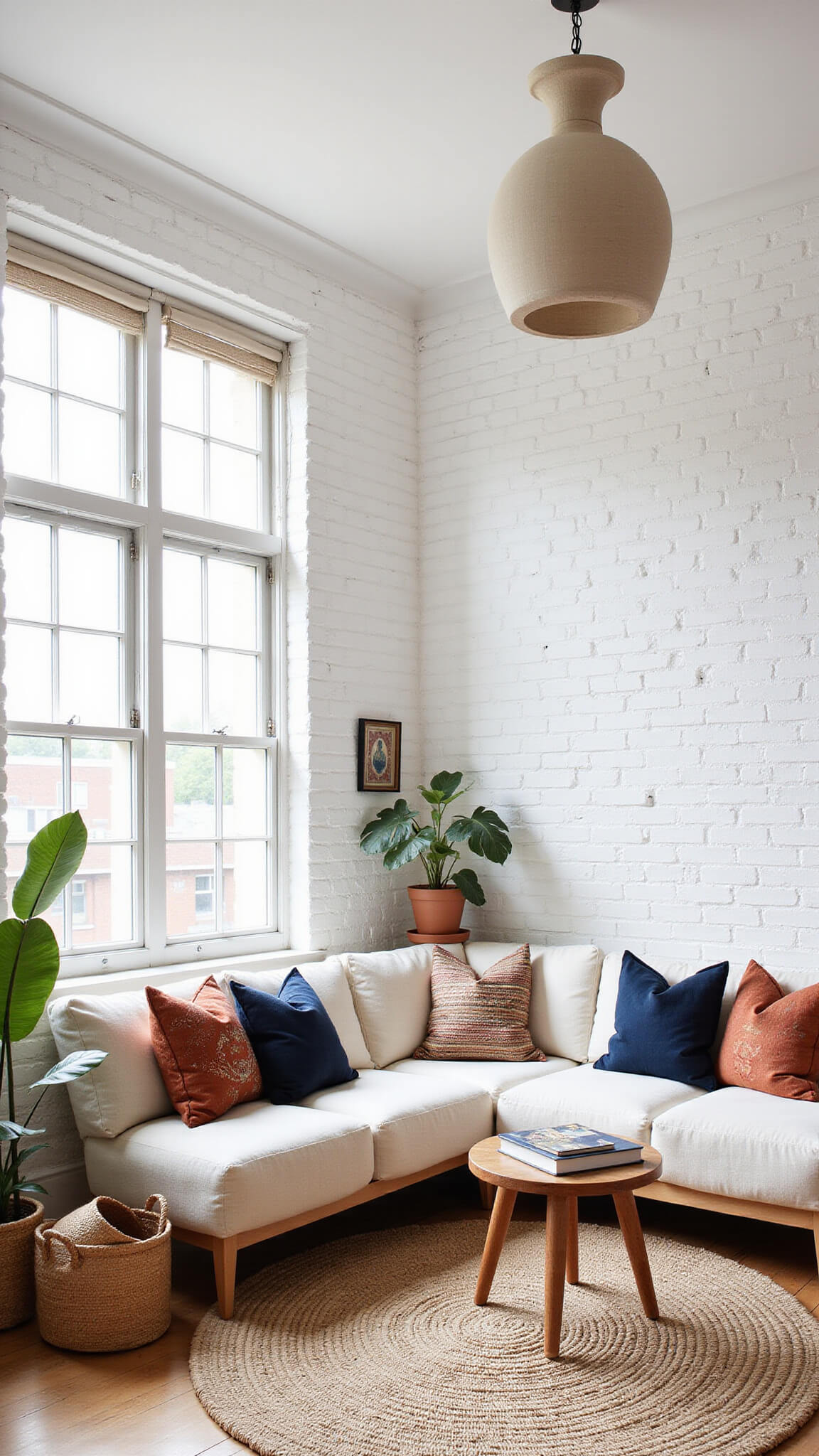Bright industrial-style living room with ivory curved sectional, vintage textiles, and natural decor elements, lit by noon sunlight through large windows.