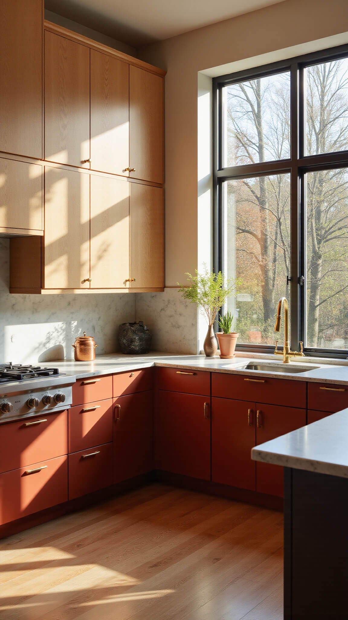 Contemporary 12x15ft kitchen with rust and white oak cabinets, brass hardware, marble countertops, and golden hour light streaming through tall windows onto oak floors.