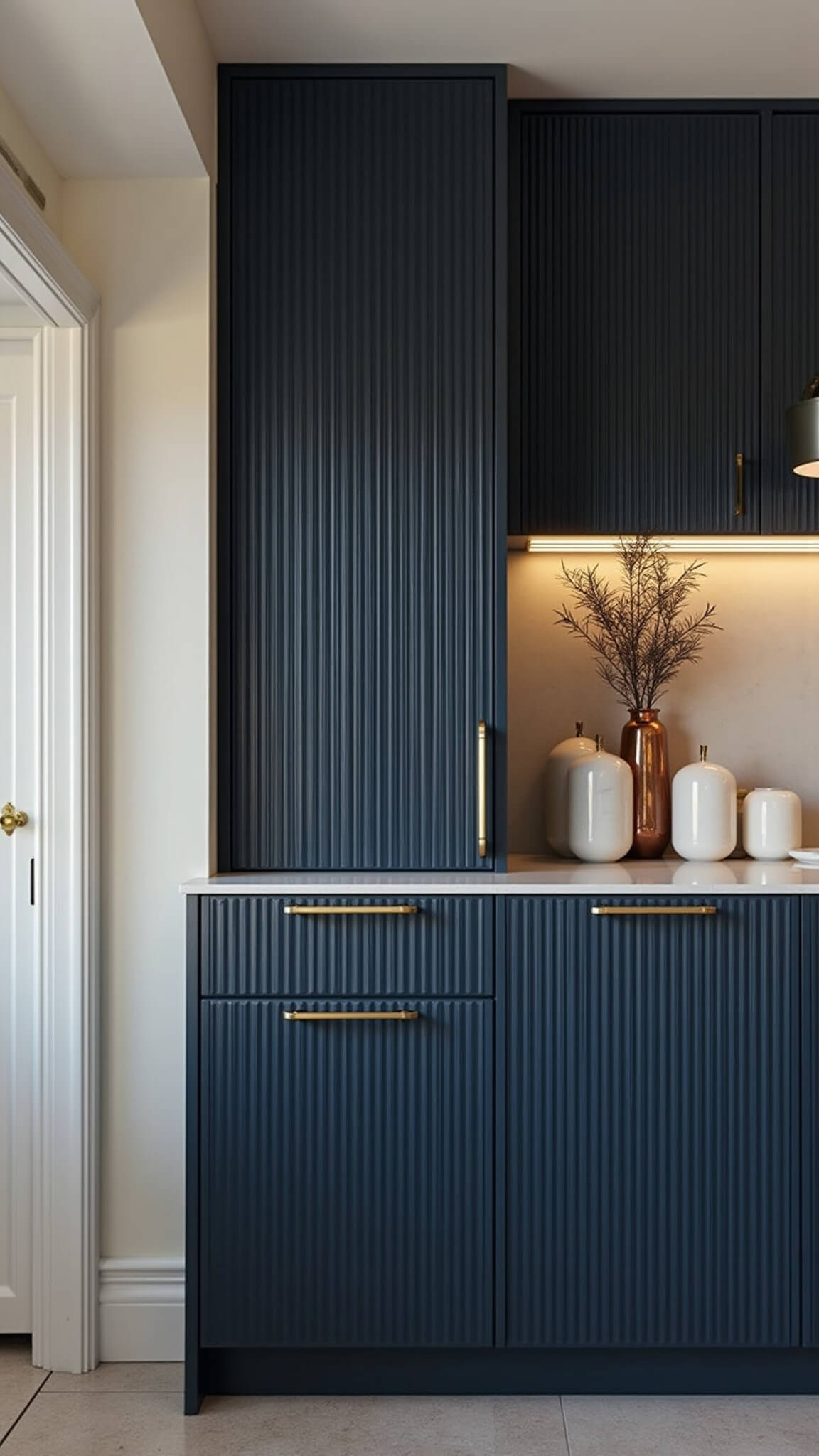 Moody blue hour kitchen with fluted navy cabinets, brushed gold accents, and vintage copper decor, captured in shallow focus.