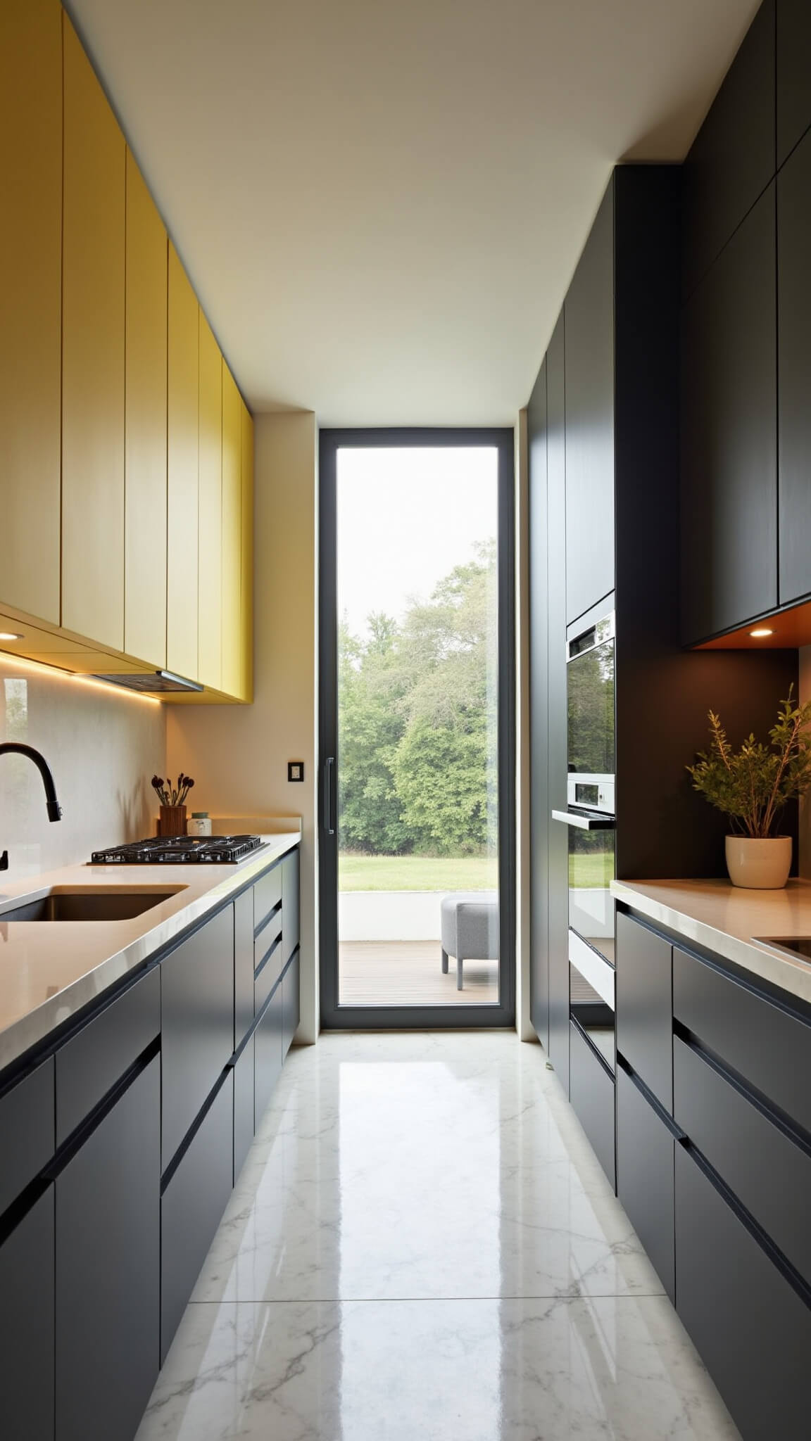 Modern 8x14ft galley kitchen with butter yellow ceiling-height cabinets, charcoal lower units, glass-front uppers showing smart storage, styled with minimalist ceramics and sleek appliances, captured end-to-end with wide-angle lens emphasizing linear design and vertical space.
