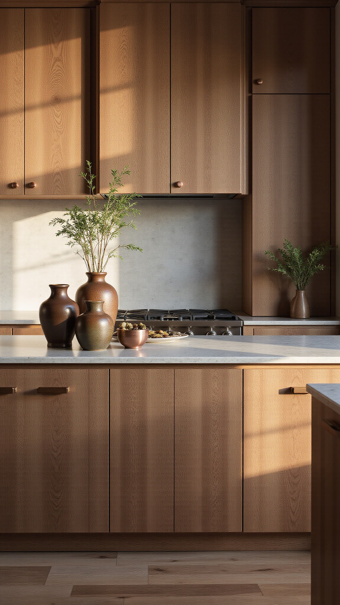 Luxurious open-concept kitchen with smoky brown ribbed wood cabinets, fluted curved island with copper hardware, and morning golden hour lighting highlighting textures and artisanal decor.